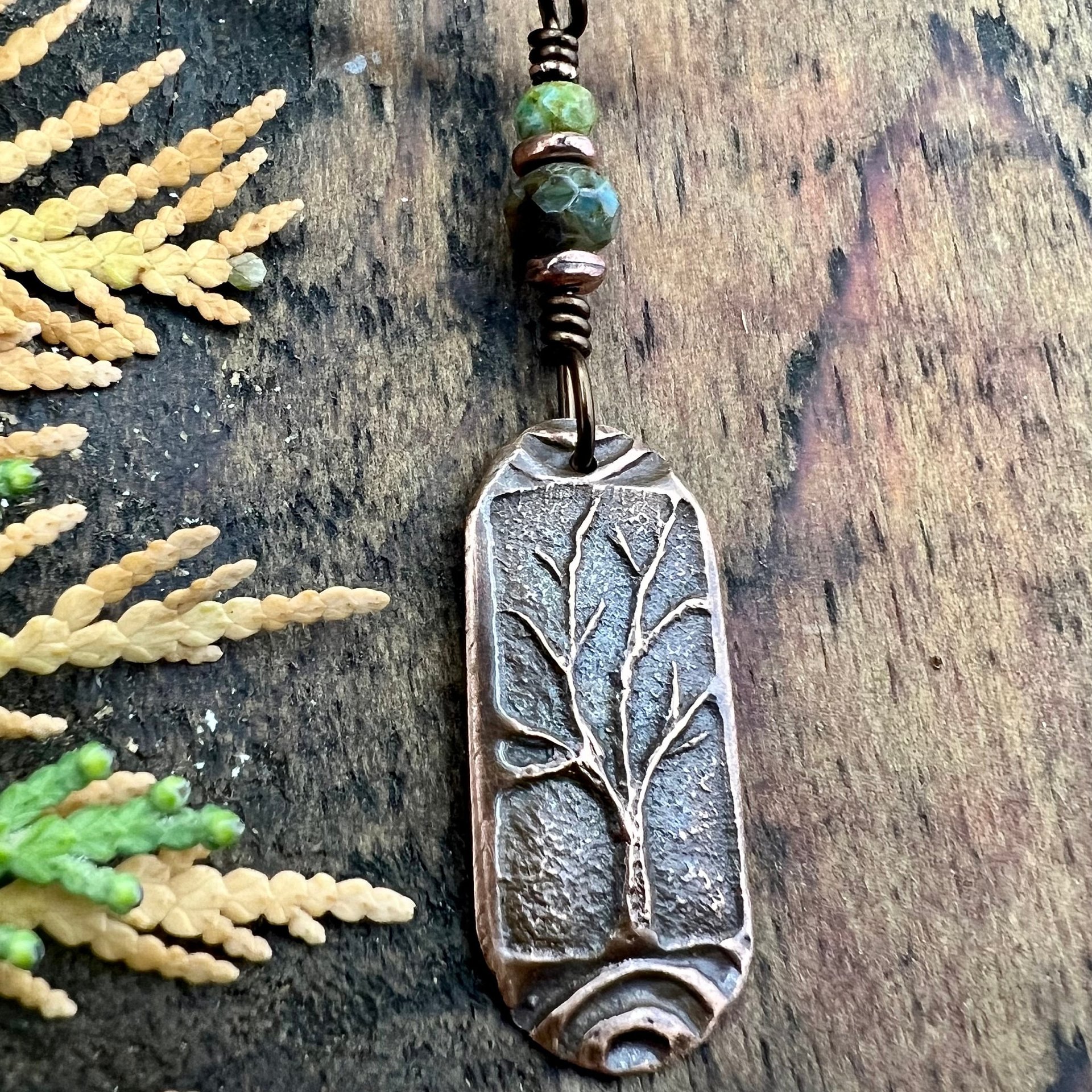 Copper Tree Pendant, Irish Celtic Spirals, One Tree, Czech Glass Beads, Leather & Vegan Cords, Earthy Rustic Jewelry, Tree Branches Roots
