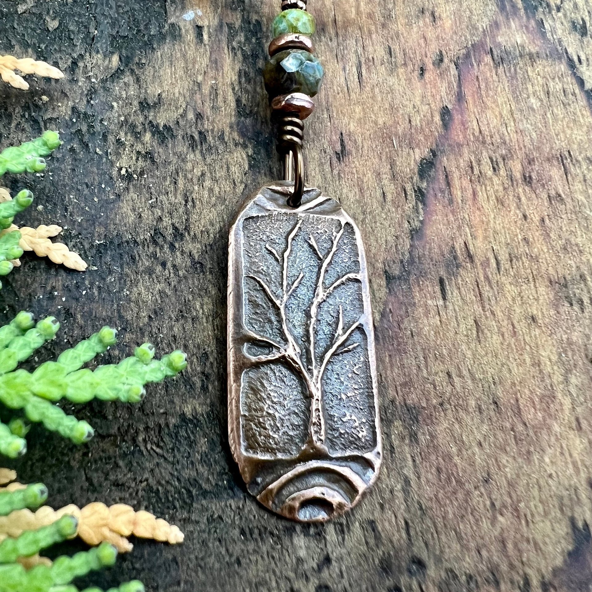 Copper Tree Pendant, Irish Celtic Spirals, One Tree, Czech Glass Beads, Leather & Vegan Cords, Earthy Rustic Jewelry, Tree Branches Roots