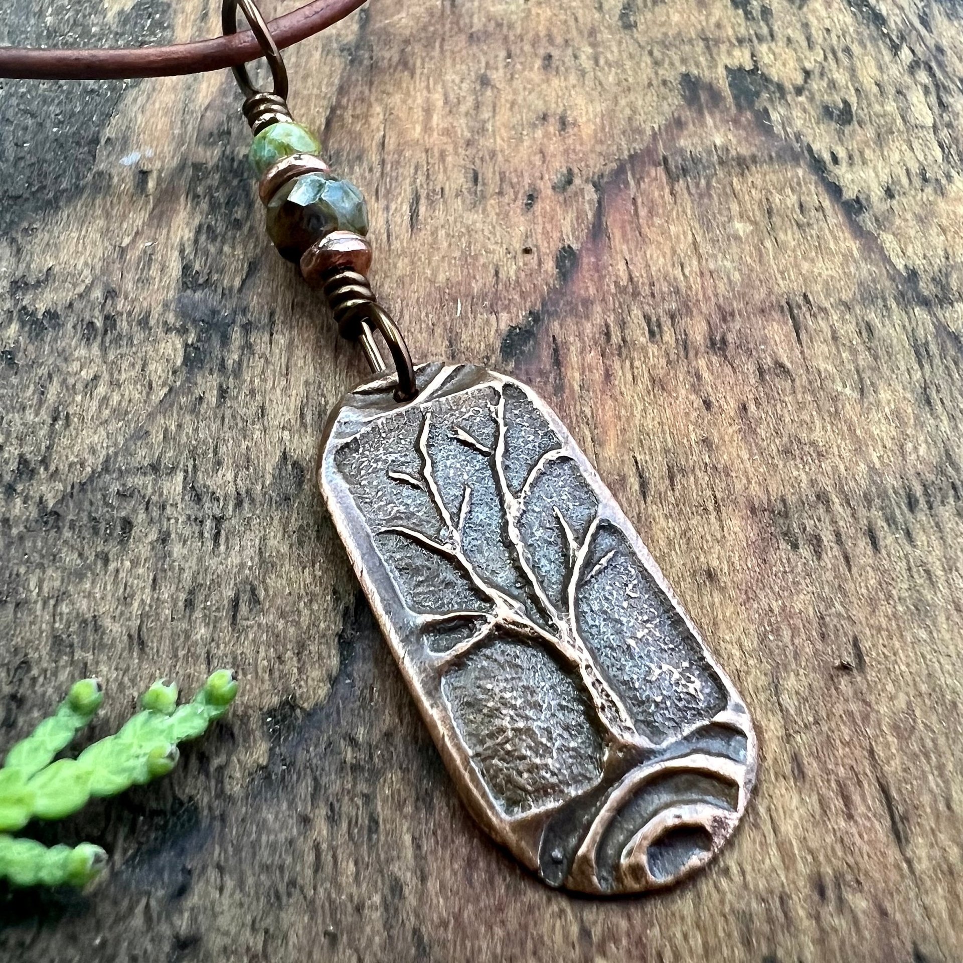 Copper Tree Pendant, Irish Celtic Spirals, One Tree, Czech Glass Beads, Leather & Vegan Cords, Earthy Rustic Jewelry, Tree Branches Roots