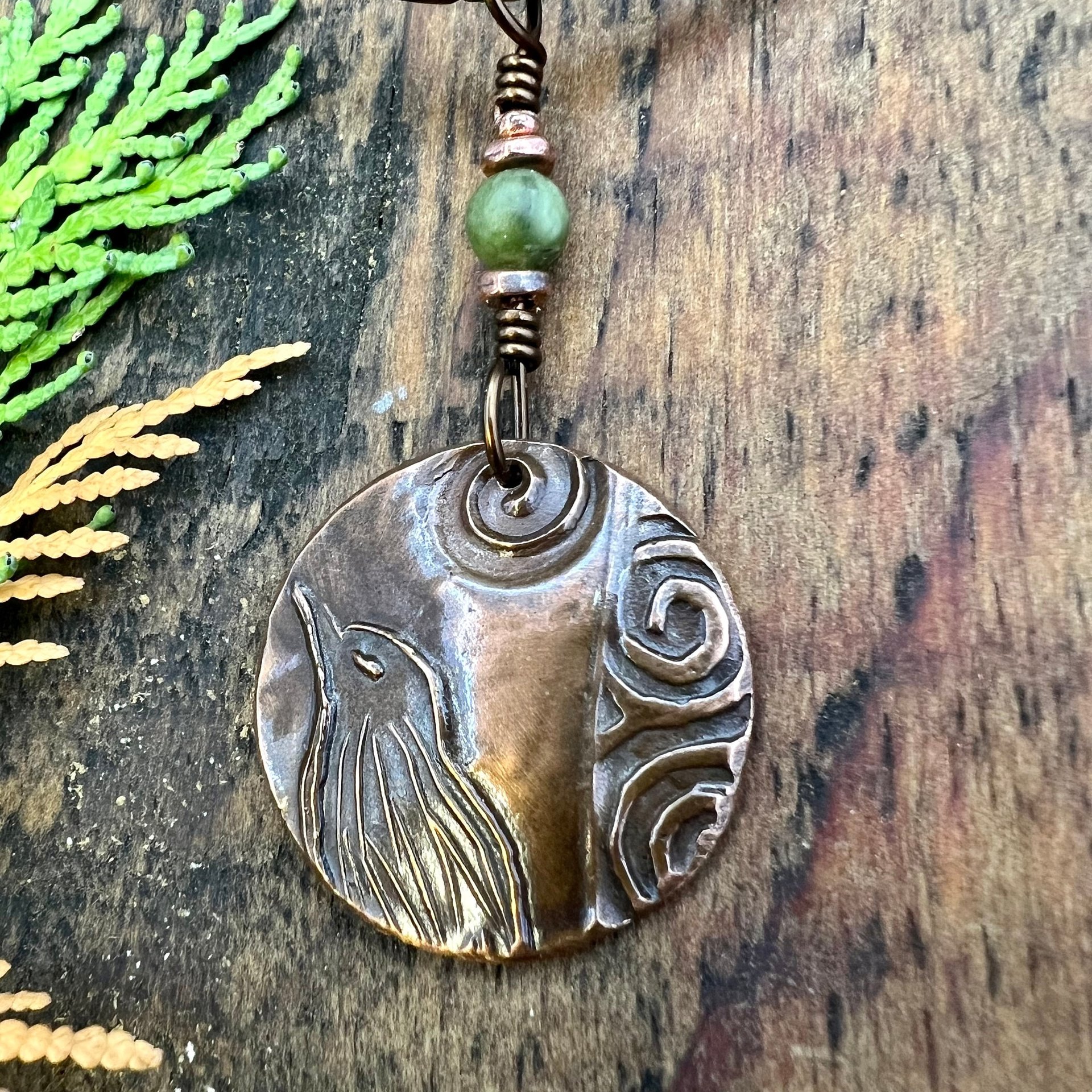 Copper Raven Pendant, Irish Celtic Jewelry, Connemara Marble, Crow Corvid, Pagan Wicca Necklace, Celtic Witch, Raven Moon, Celtic Spirals