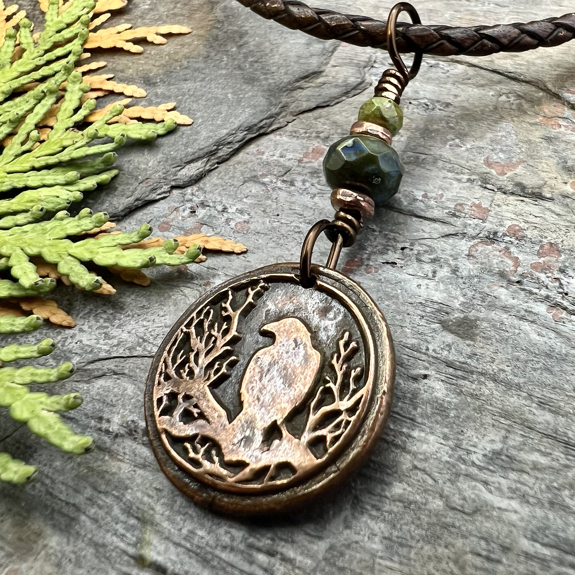 Raven Copper Pendant, Wax Seal Charm, Czech Glass Beads, Crow Corvid, Tree Branches, Pagan Samhain, Celtic Witch Jewelry, Earthy Rustic