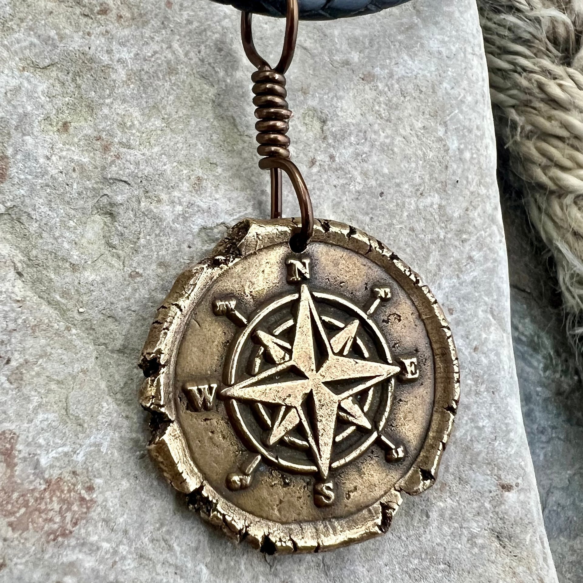 Compass Rose Charm, Bronze Compass Necklace, Nautical, Boats Sailing Sea, Protection Guidance Talisman, Men's Unisex Jewelry, Rustic Seaworn