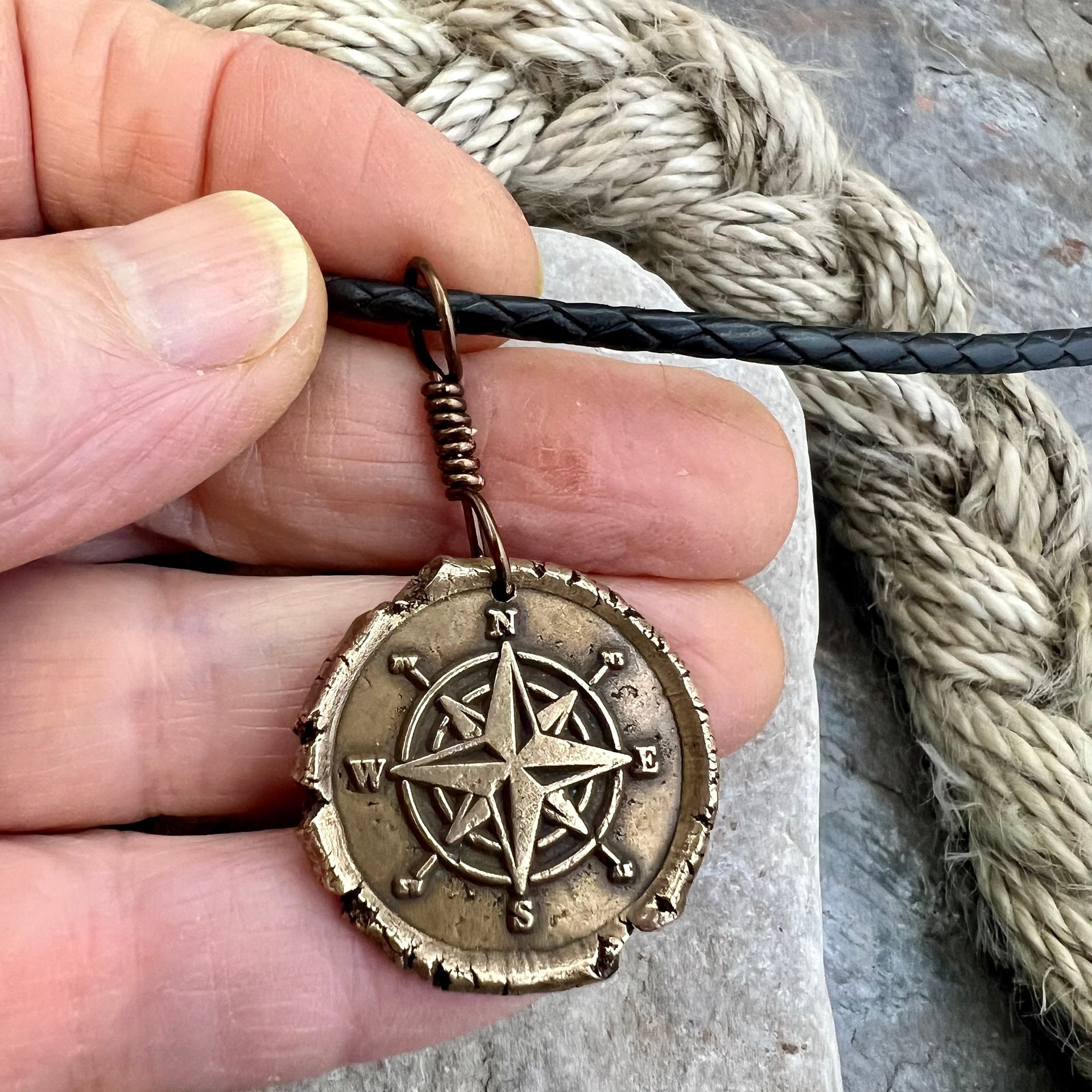 Compass Rose Charm, Bronze Compass Necklace, Nautical, Boats Sailing Sea, Protection Guidance Talisman, Men's Unisex Jewelry, Rustic Seaworn