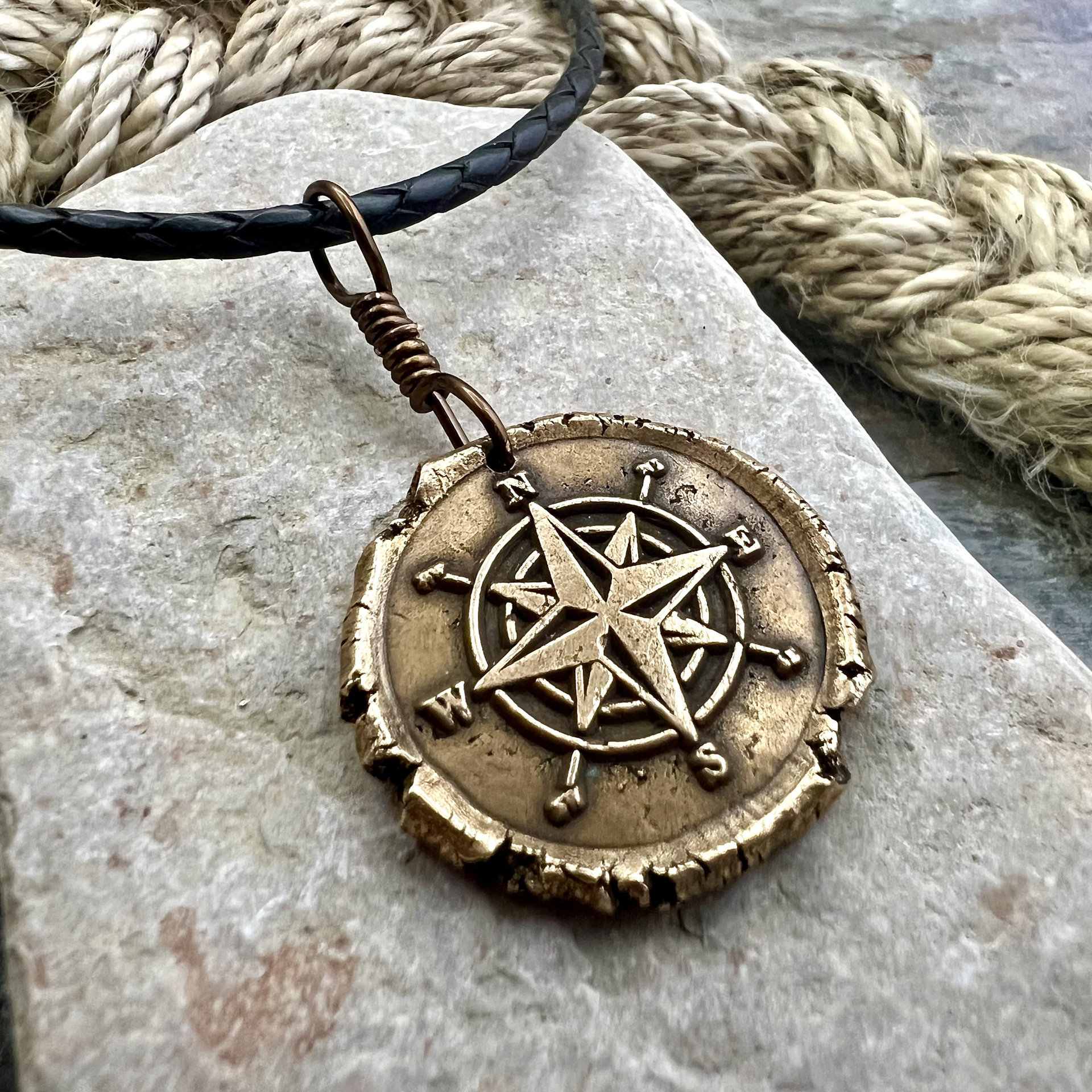 Compass Rose Charm, Bronze Compass Necklace, Nautical, Boats Sailing Sea, Protection Guidance Talisman, Men's Unisex Jewelry, Rustic Seaworn