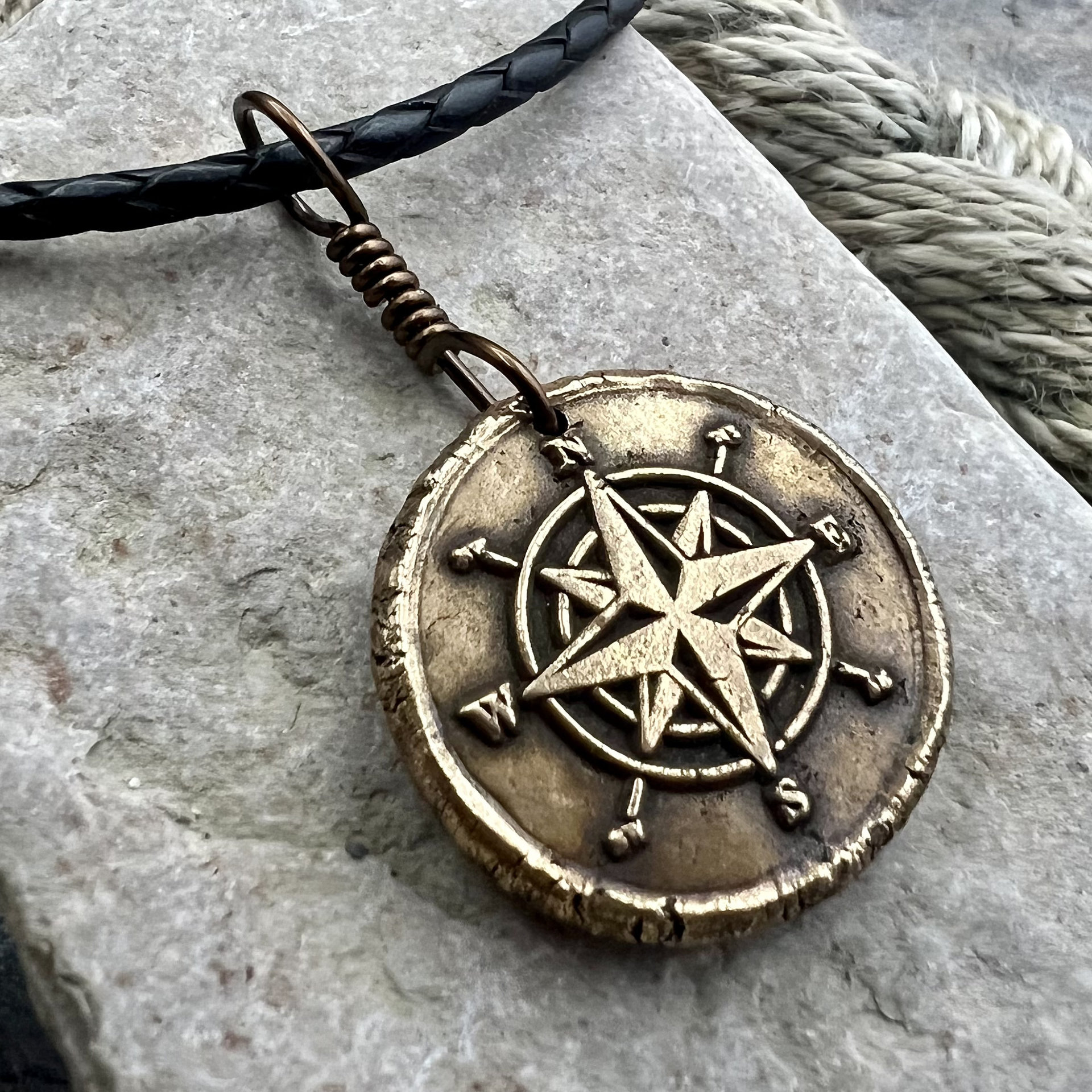 Compass Rose Charm, Bronze Compass Necklace, Nautical, Boats Sailing Sea, Protection Guidance Talisman, Men's Unisex Jewelry, Rustic Seaworn