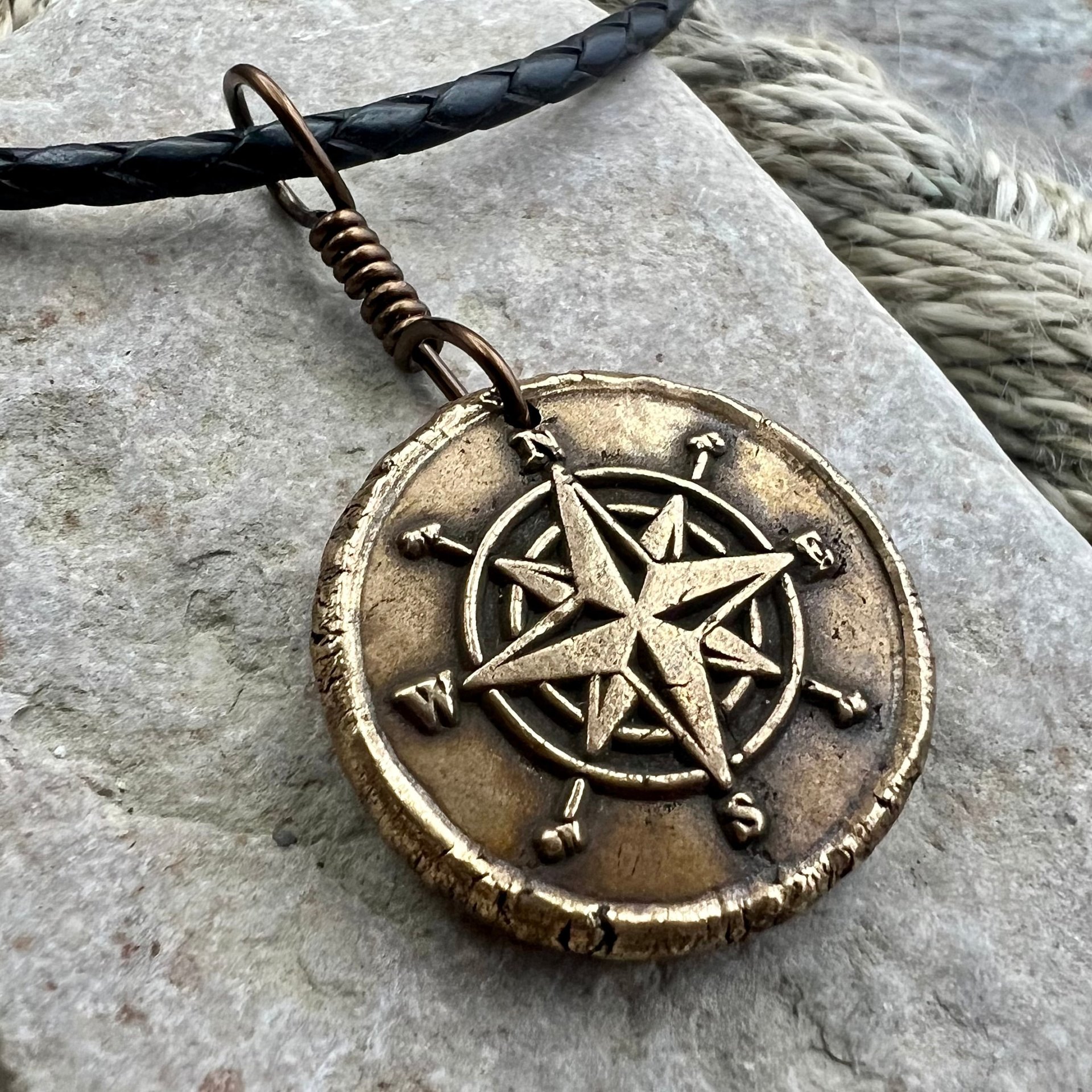 Compass Rose Charm, Bronze Compass Necklace, Nautical, Boats Sailing Sea, Protection Guidance Talisman, Men's Unisex Jewelry, Rustic Seaworn