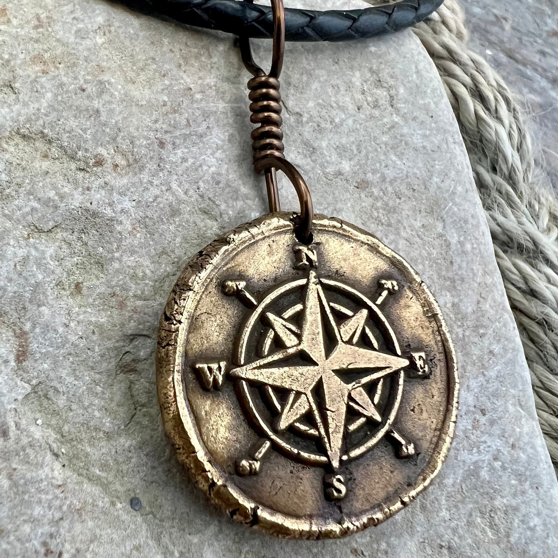 Compass Rose Charm, Bronze Compass Necklace, Nautical, Boats Sailing Sea, Protection Guidance Talisman, Men's Unisex Jewelry, Rustic Seaworn