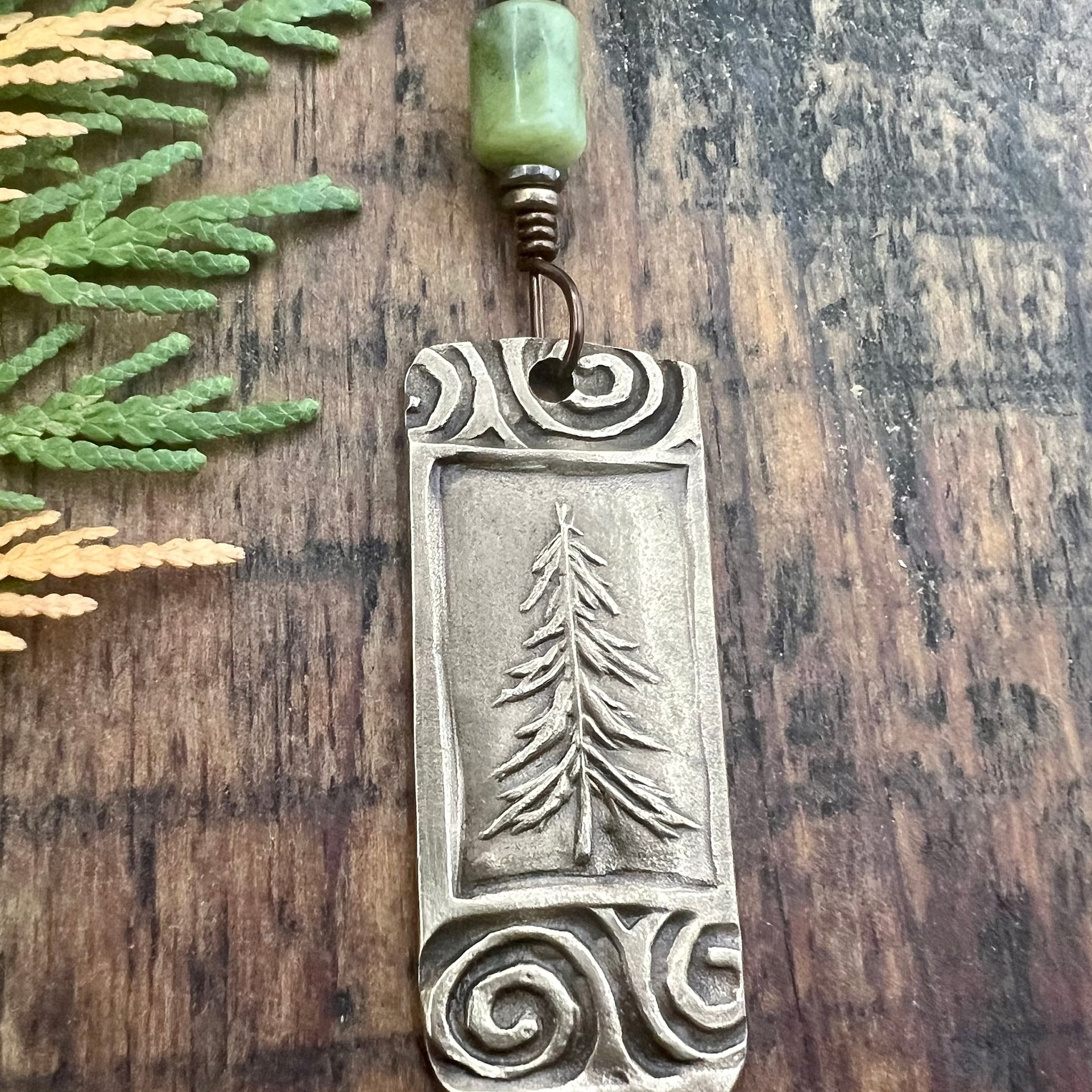 Pine Tree, Bronze Pendant, Celtic Spirals, Connemara Marble, Evergreen Trees, Earthy Rustic Art Jewelry, Hand Carved, Tree of Life, Pagan