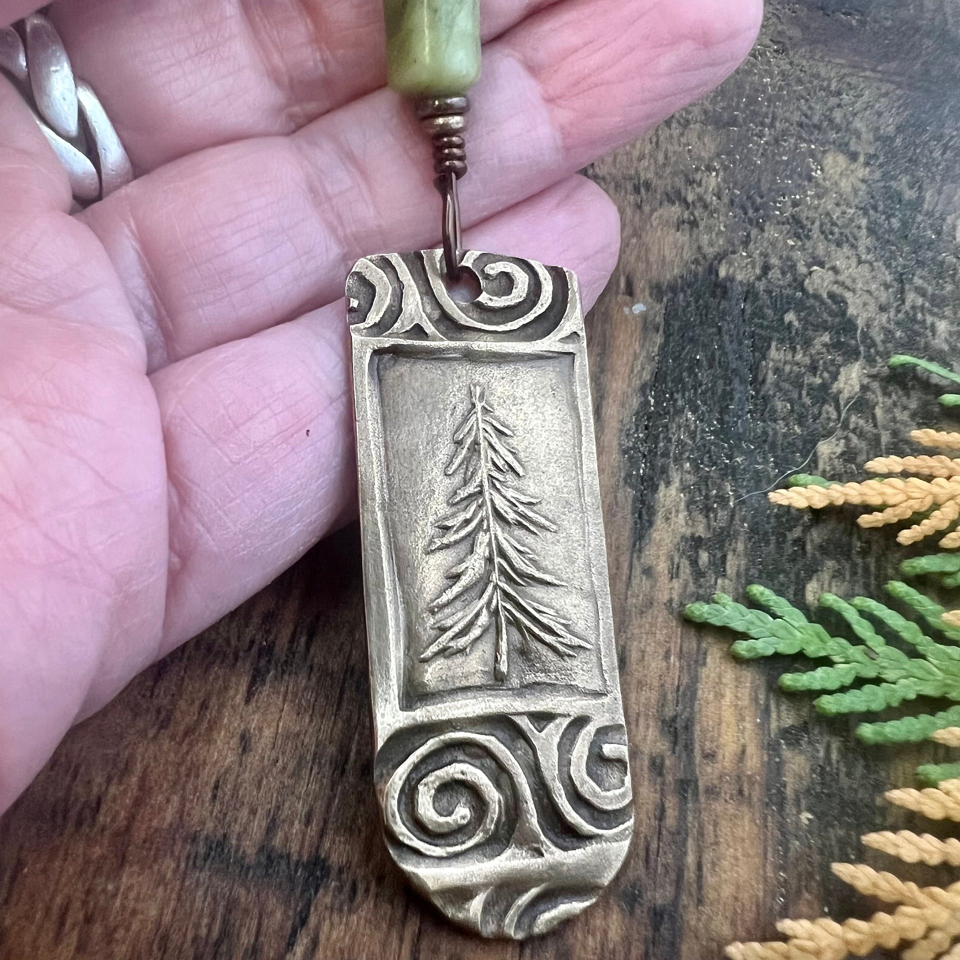 Pine Tree, Bronze Pendant, Celtic Spirals, Connemara Marble, Evergreen Trees, Earthy Rustic Art Jewelry, Hand Carved, Tree of Life, Pagan