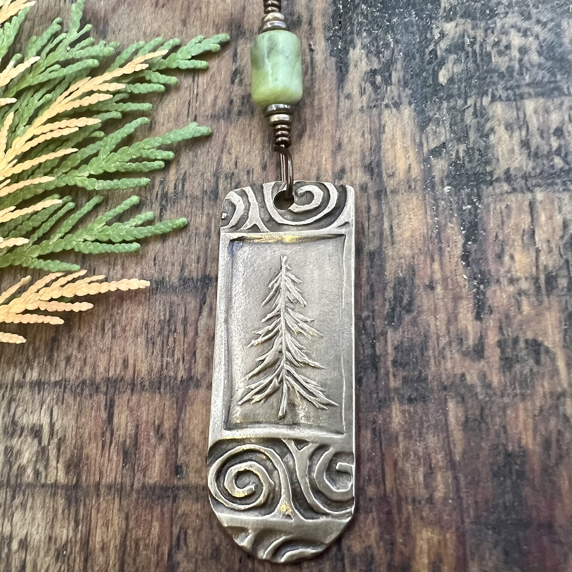 Pine Tree, Bronze Pendant, Celtic Spirals, Connemara Marble, Evergreen Trees, Earthy Rustic Art Jewelry, Hand Carved, Tree of Life, Pagan