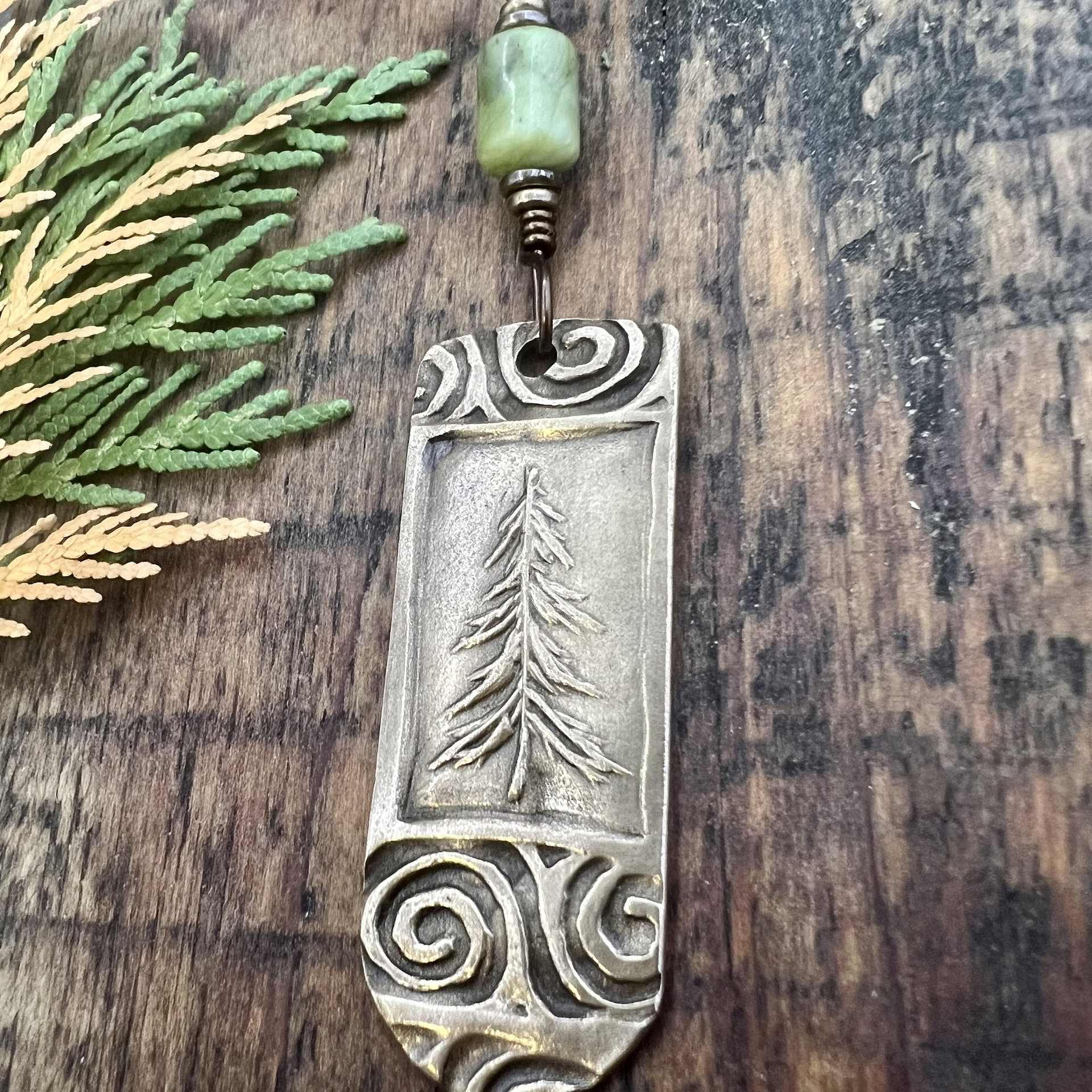 Pine Tree, Bronze Pendant, Celtic Spirals, Connemara Marble, Evergreen Trees, Earthy Rustic Art Jewelry, Hand Carved, Tree of Life, Pagan