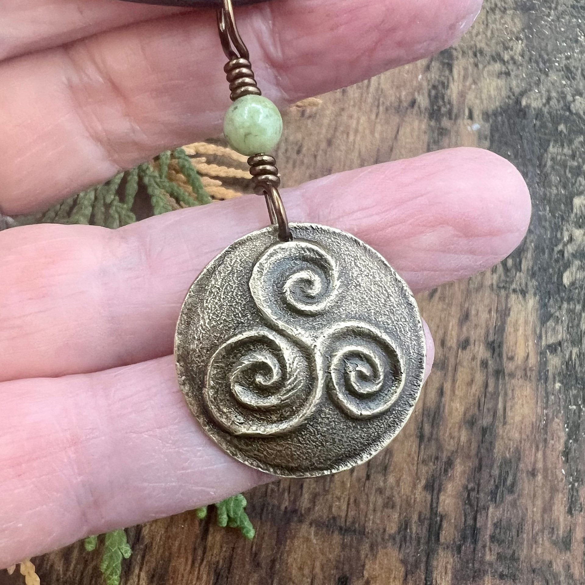 Triskele Bronze Charm, Triskelion Triple Spirals, Connemara Marble, Irish Celtic, Newgrange Spirals, Celtic Witch Goddess, Hand Carved Art