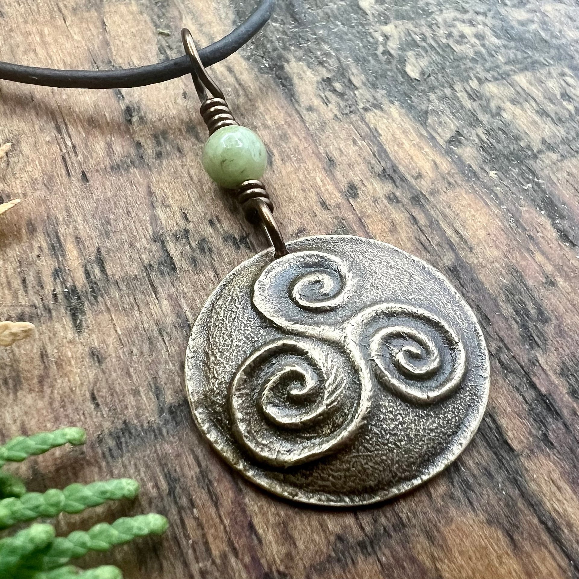 Triskele Bronze Charm, Triskelion Triple Spirals, Connemara Marble, Irish Celtic, Newgrange Spirals, Celtic Witch Goddess, Hand Carved Art