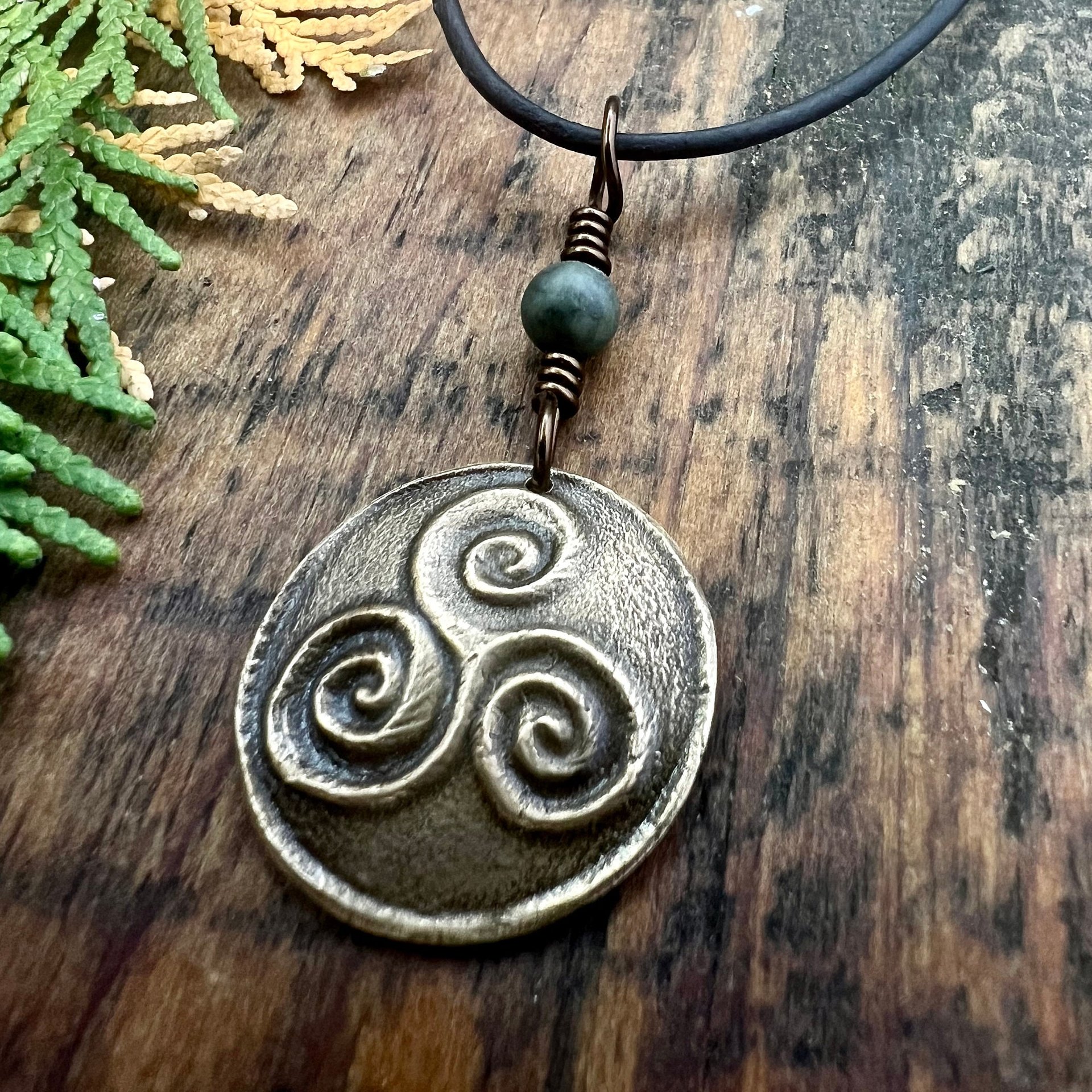Triskele Bronze Charm, Triskelion Triple Spirals, Connemara Marble, Irish Celtic, Newgrange Spirals, Celtic Witch Goddess, Hand Carved Art