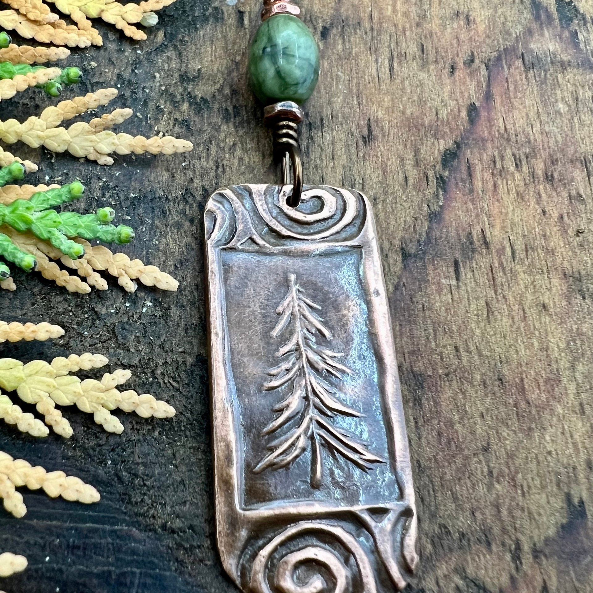 Pine Tree, Copper Pendant, Celtic Spirals, Connemara Marble, Evergreen Trees, Earthy Rustic Art Jewelry, Hand Carved, Tree of Life, Pagan