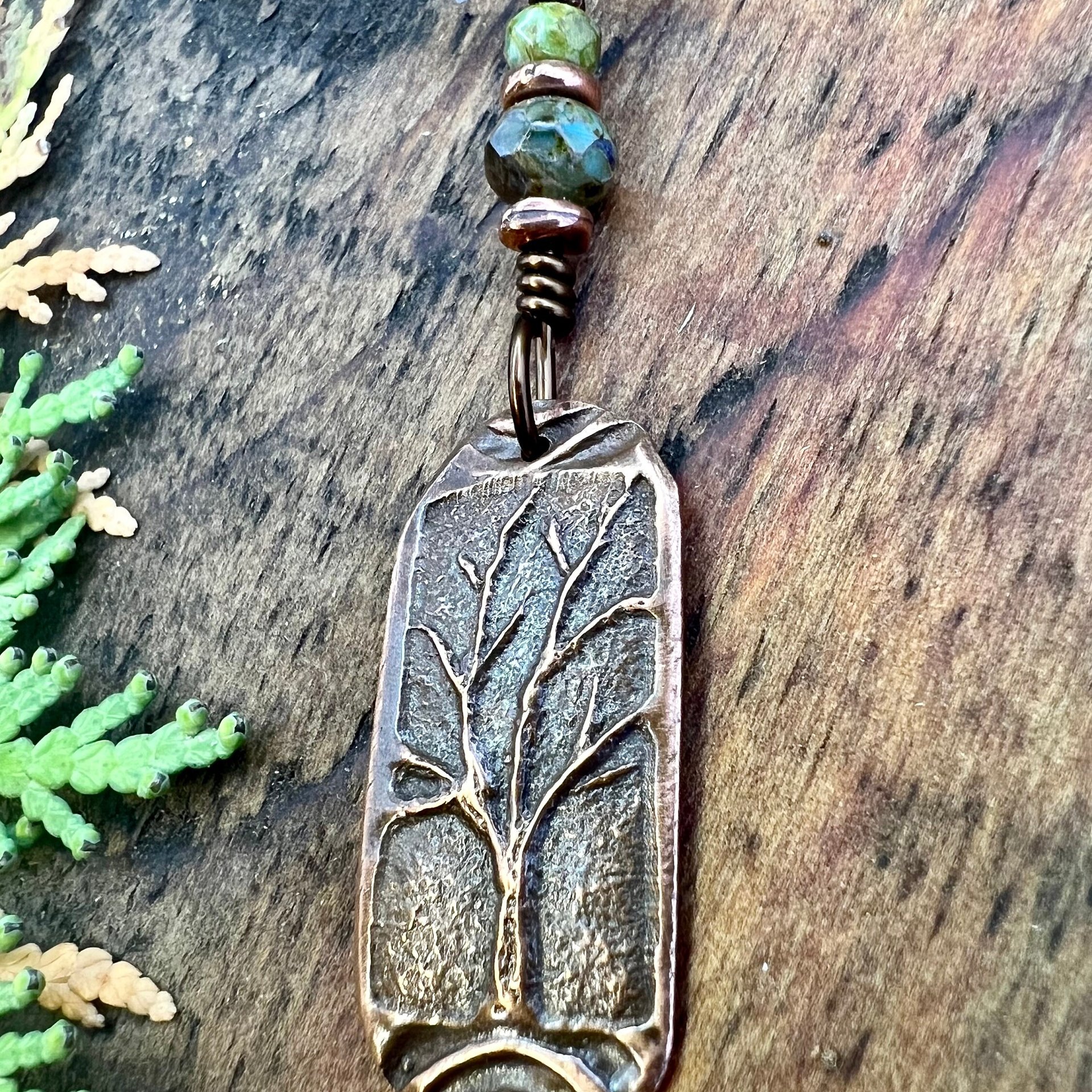 Copper Tree Pendant, Irish Celtic Spirals, One Tree, Czech Glass Beads, Leather & Vegan Cords, Earthy Rustic Jewelry, Tree Branches Roots