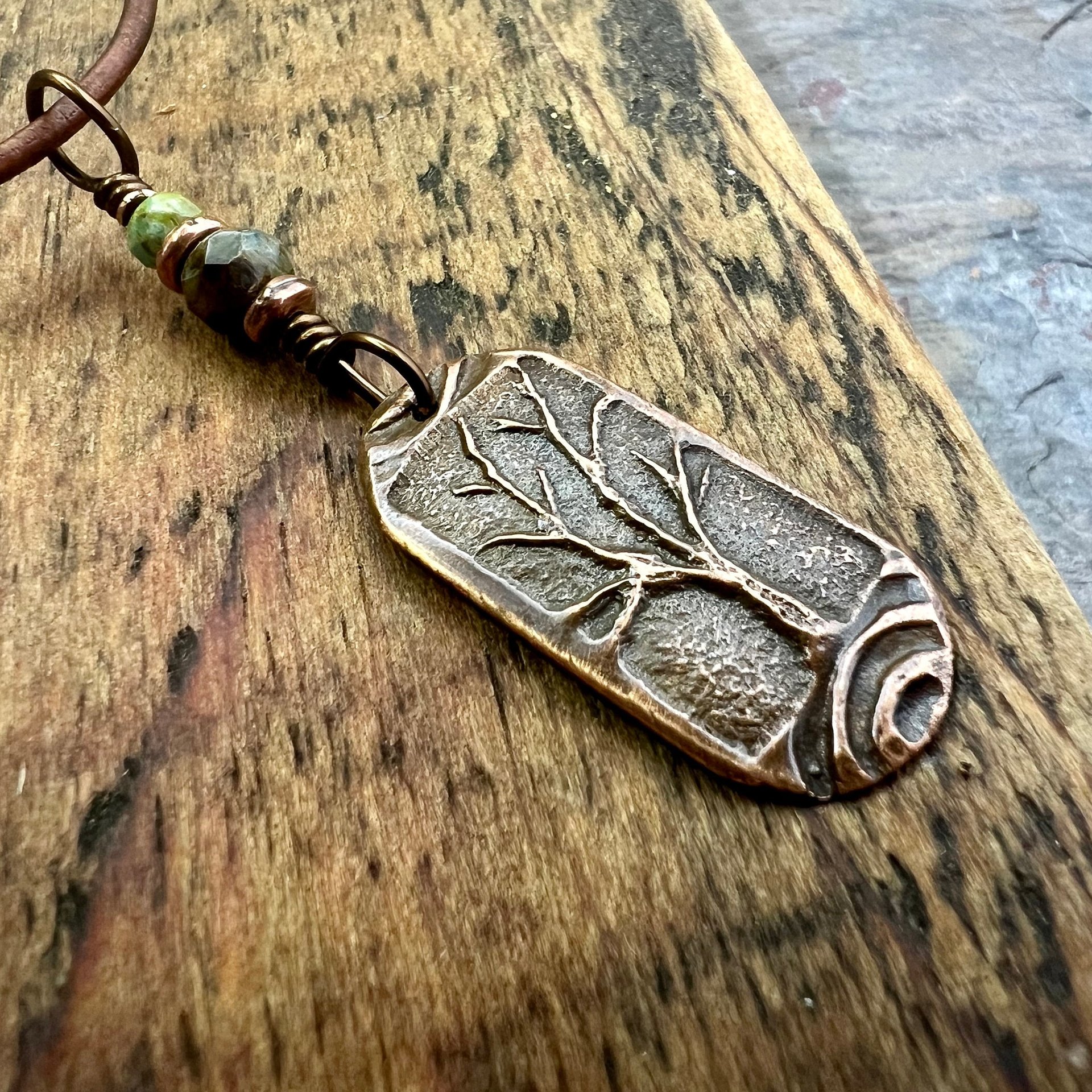 Copper Tree Pendant, Irish Celtic Spirals, One Tree, Czech Glass Beads, Leather & Vegan Cords, Earthy Rustic Jewelry, Tree Branches Roots
