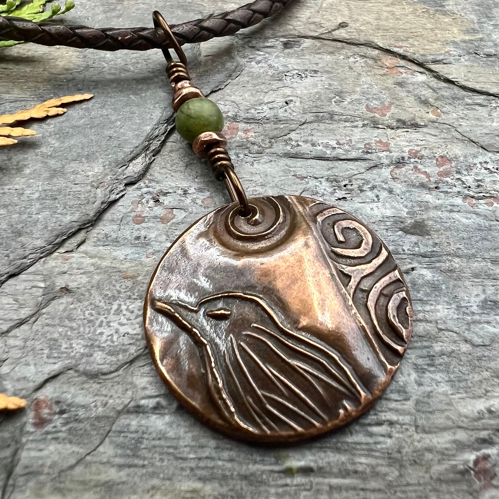 Copper Raven Pendant, Irish Celtic Jewelry, Connemara Marble, Crow Corvid, Pagan Wicca Necklace, Celtic Witch, Raven Moon, Celtic Spirals