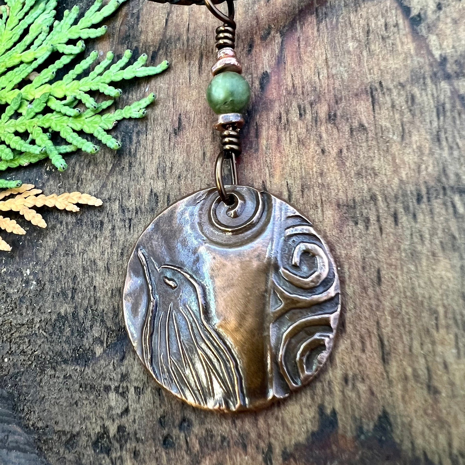 Copper Raven Pendant, Irish Celtic Jewelry, Connemara Marble, Crow Corvid, Pagan Wicca Necklace, Celtic Witch, Raven Moon, Celtic Spirals