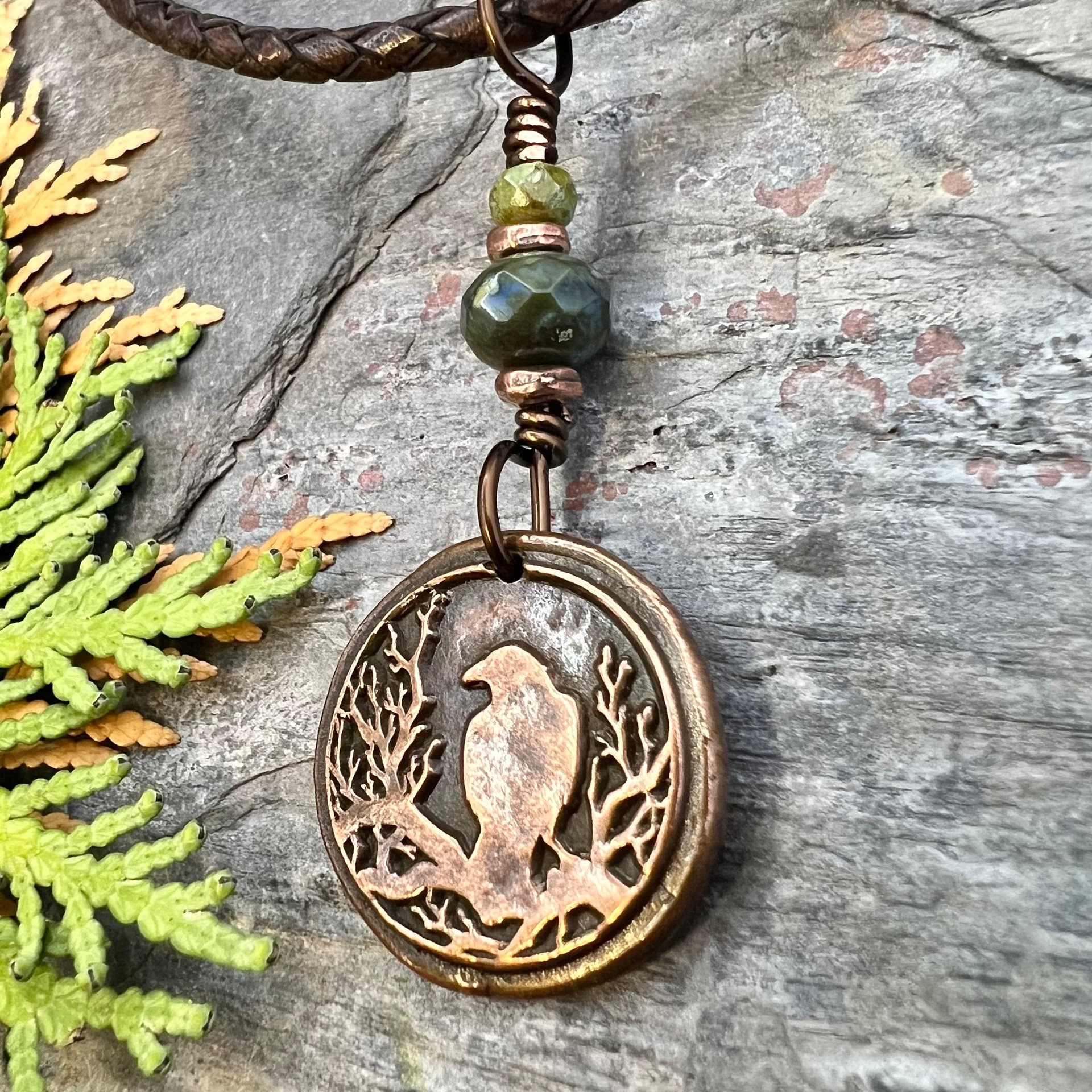 Raven Copper Pendant, Wax Seal Charm, Czech Glass Beads, Crow Corvid, Tree Branches, Pagan Samhain, Celtic Witch Jewelry, Earthy Rustic