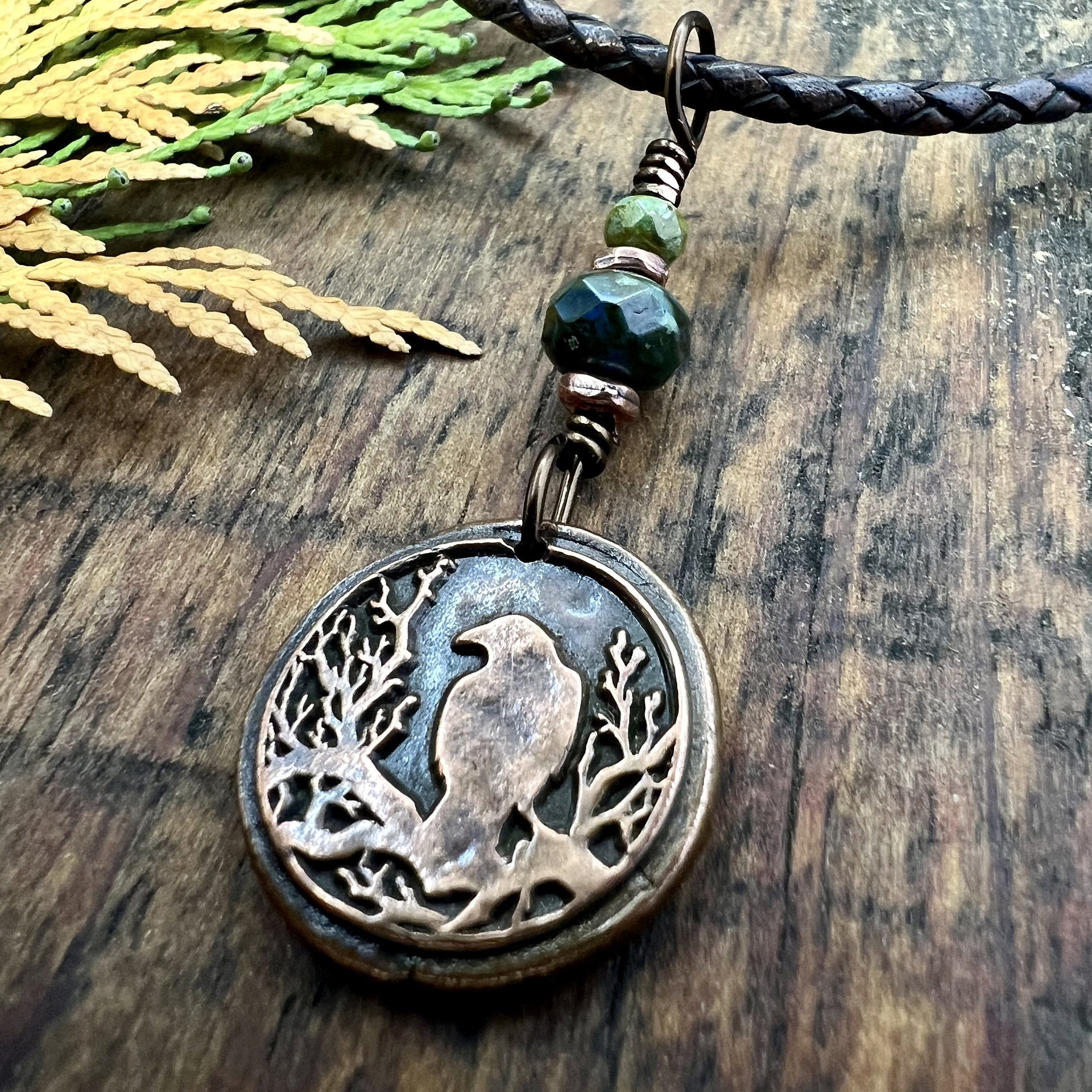 Raven Copper Pendant, Wax Seal Charm, Czech Glass Beads, Crow Corvid, Tree Branches, Pagan Samhain, Celtic Witch Jewelry, Earthy Rustic