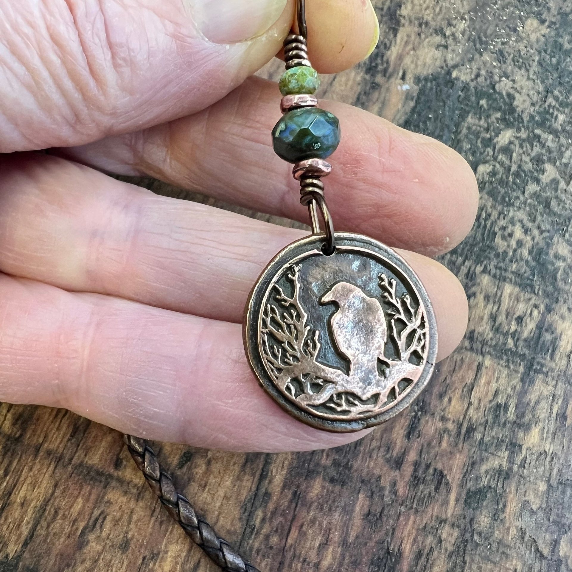Raven Copper Pendant, Wax Seal Charm, Czech Glass Beads, Crow Corvid, Tree Branches, Pagan Samhain, Celtic Witch Jewelry, Earthy Rustic