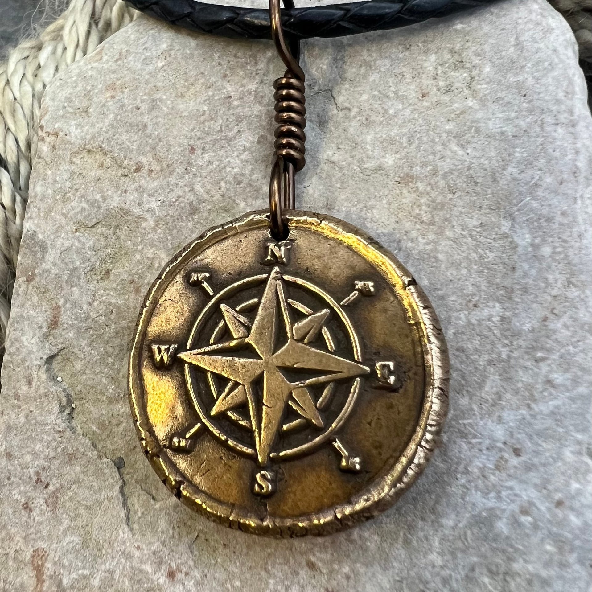 Compass Rose Charm, Bronze Compass Necklace, Nautical, Boats Sailing Sea, Protection Guidance Talisman, Men's Unisex Jewelry, Rustic Seaworn