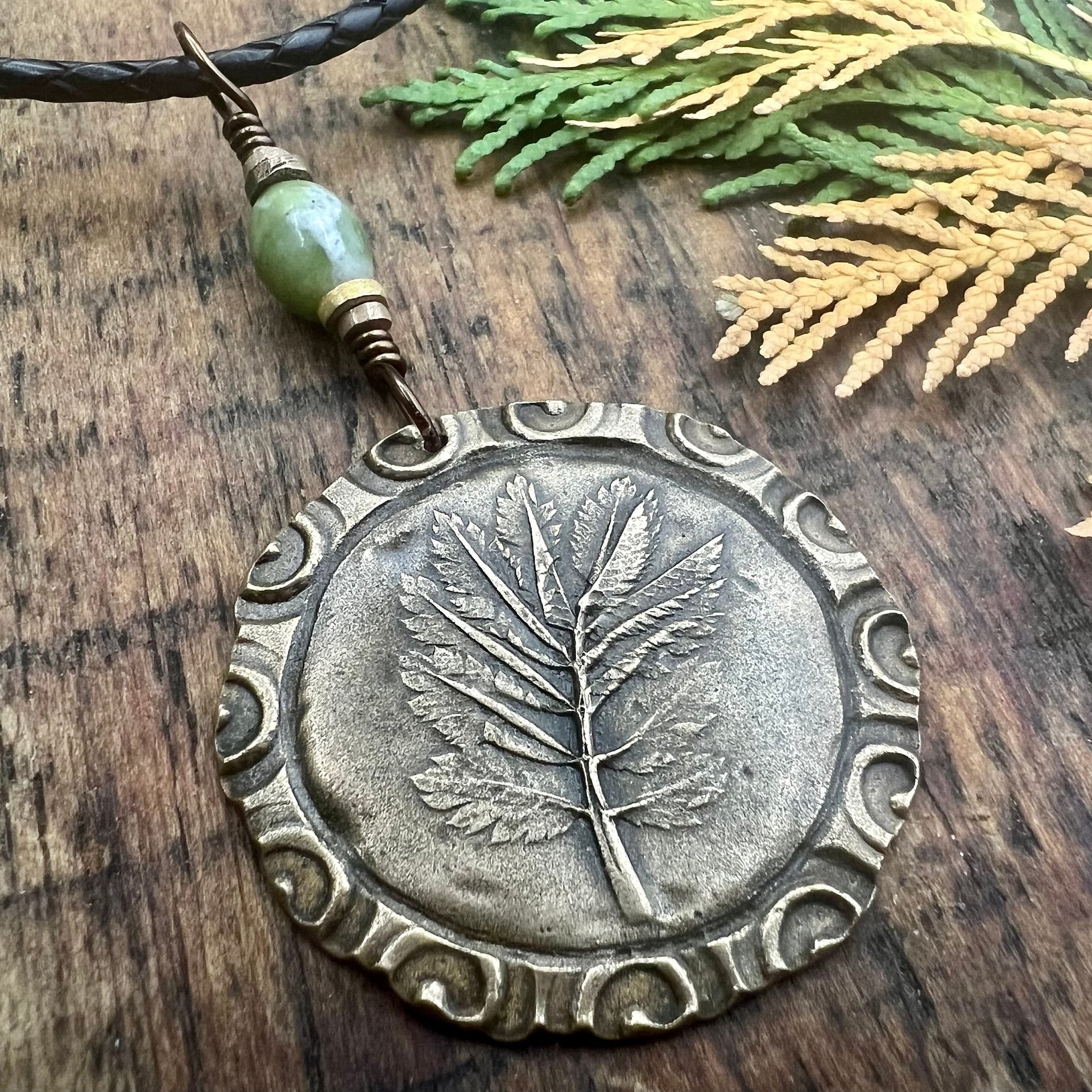 Rowan Leaf Bronze Pendant, Connemara Marble Necklace, Irish Celtic Spirals, Sacred Celtic Tree Astrology, Leather Vegan Cords, Pagan Druid