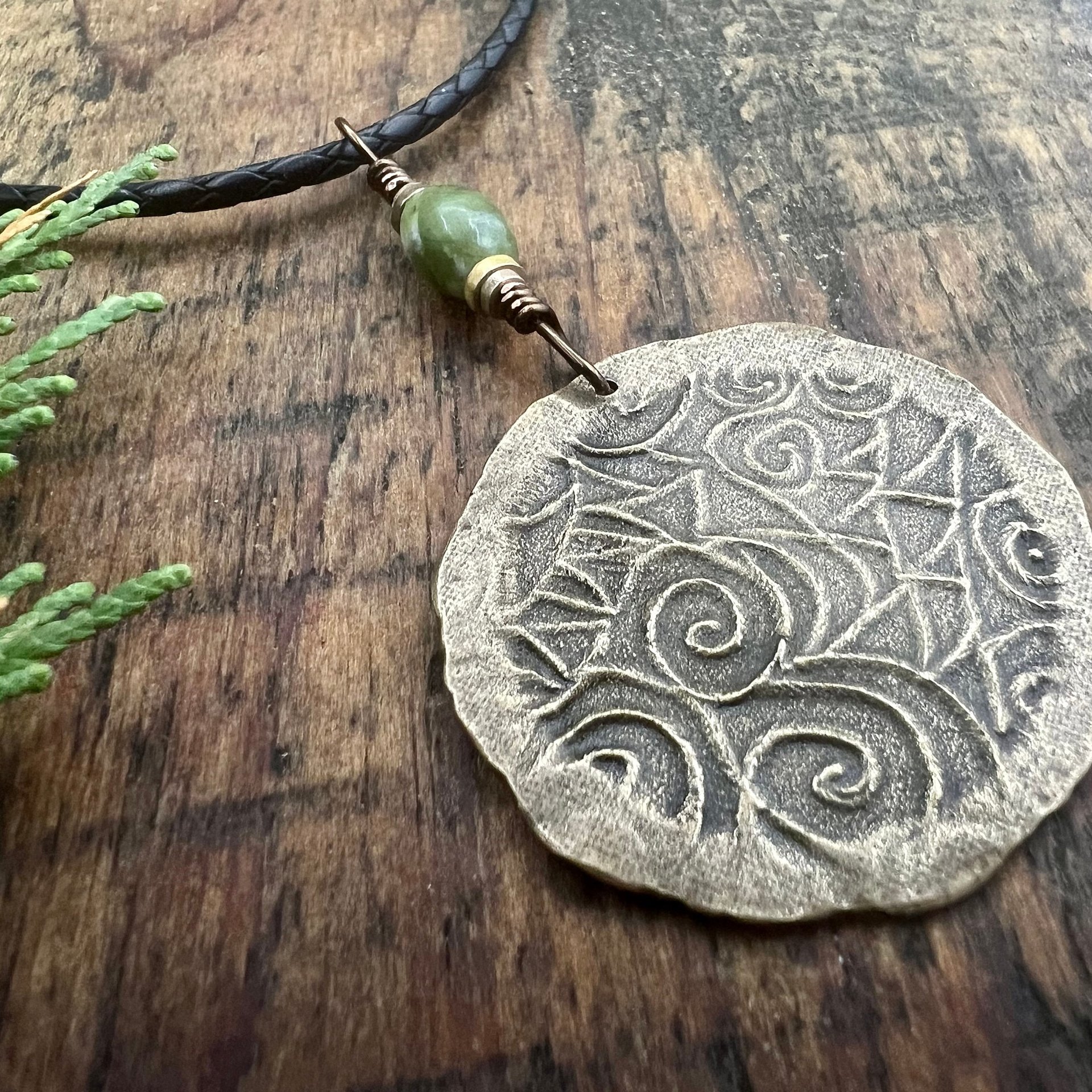 Rowan Leaf Bronze Pendant, Connemara Marble Necklace, Irish Celtic Spirals, Sacred Celtic Tree Astrology, Leather Vegan Cords, Pagan Druid