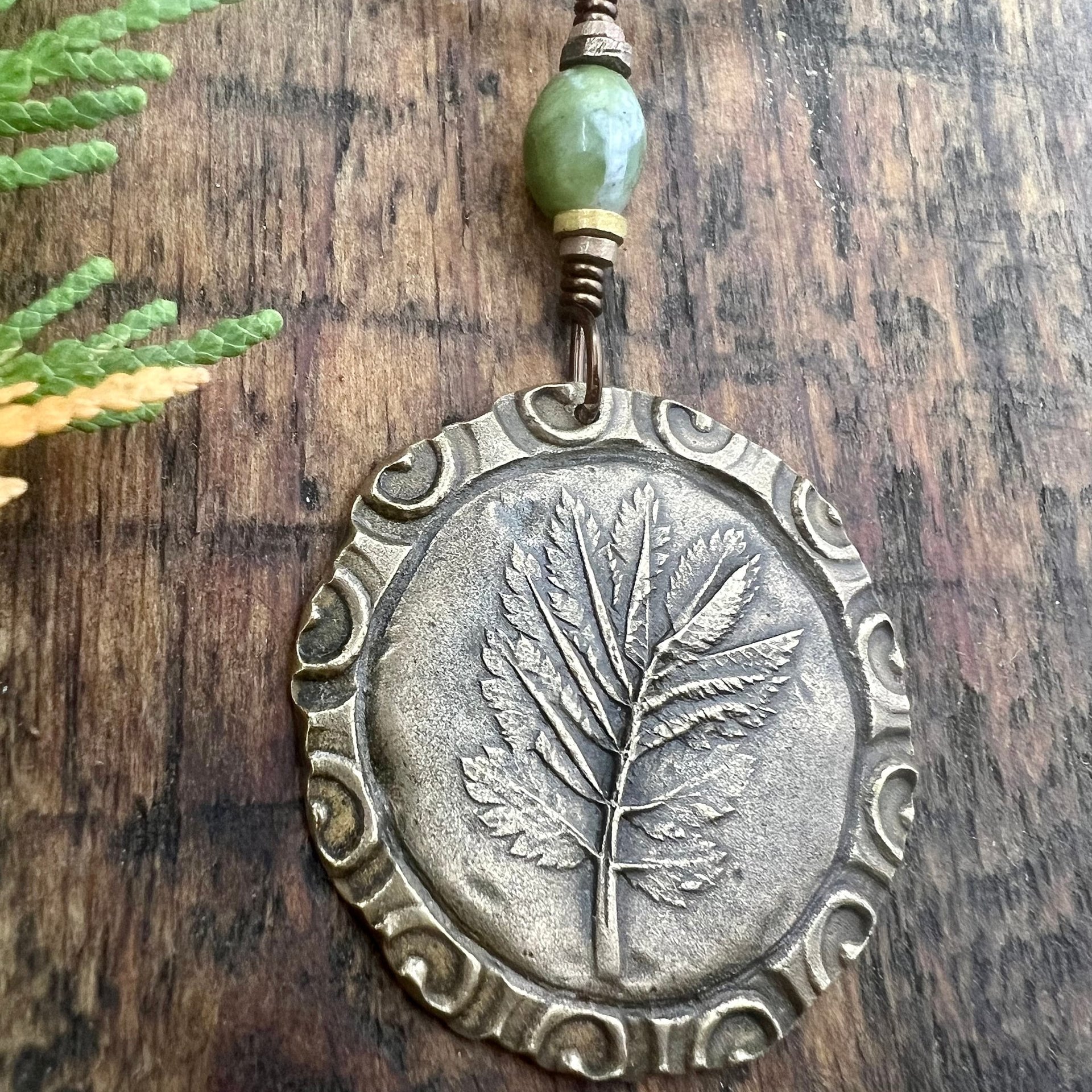Rowan Leaf Bronze Pendant, Connemara Marble Necklace, Irish Celtic Spirals, Sacred Celtic Tree Astrology, Leather Vegan Cords, Pagan Druid