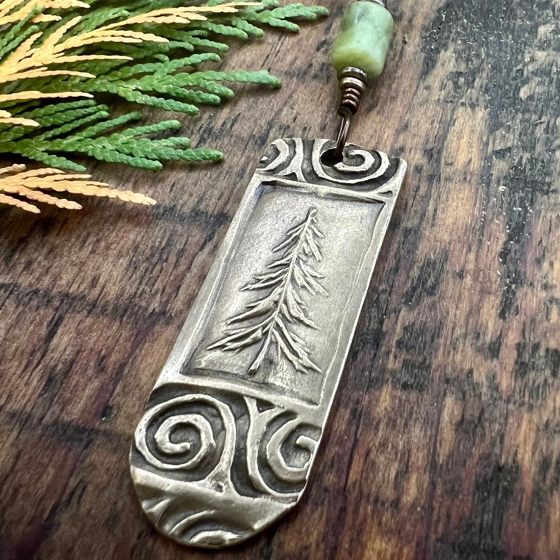 Pine Tree, Bronze Pendant, Celtic Spirals, Connemara Marble, Evergreen Trees, Earthy Rustic Art Jewelry, Hand Carved, Tree of Life, Pagan