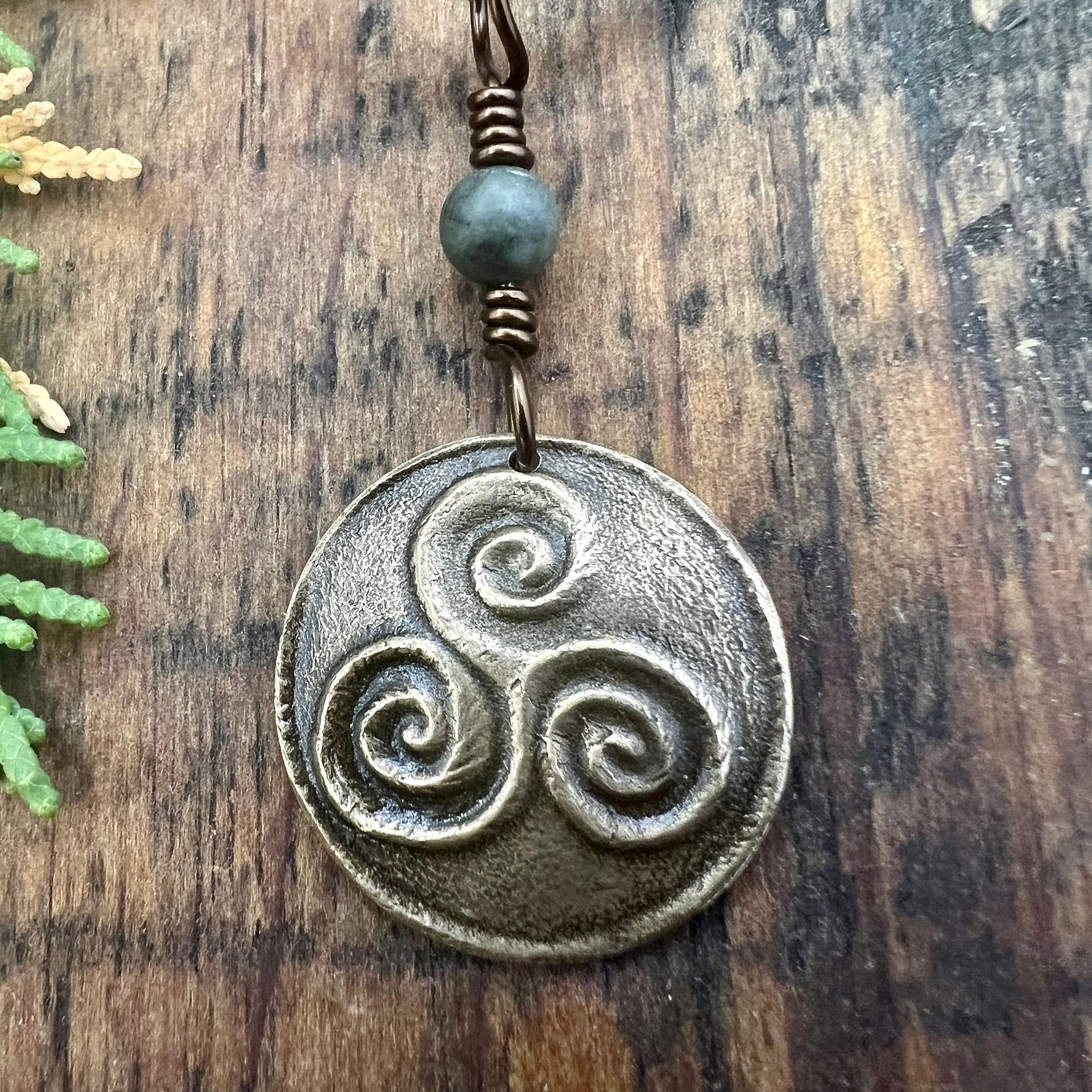 Triskele Bronze Charm, Triskelion Triple Spirals, Connemara Marble, Irish Celtic, Newgrange Spirals, Celtic Witch Goddess, Hand Carved Art