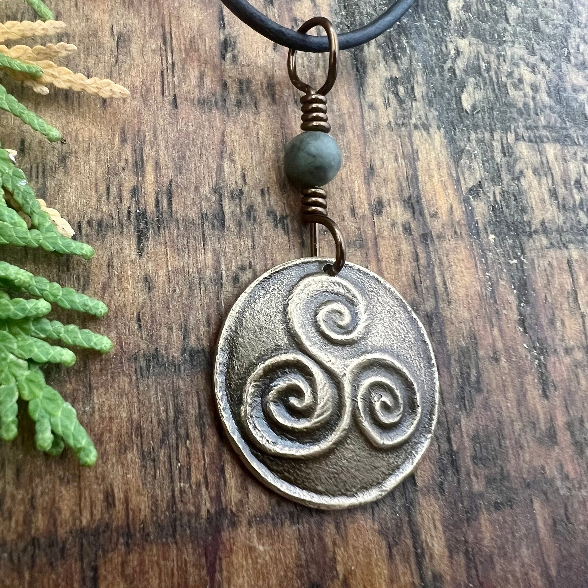 Triskele Bronze Charm, Triskelion Triple Spirals, Connemara Marble, Irish Celtic, Newgrange Spirals, Celtic Witch Goddess, Hand Carved Art