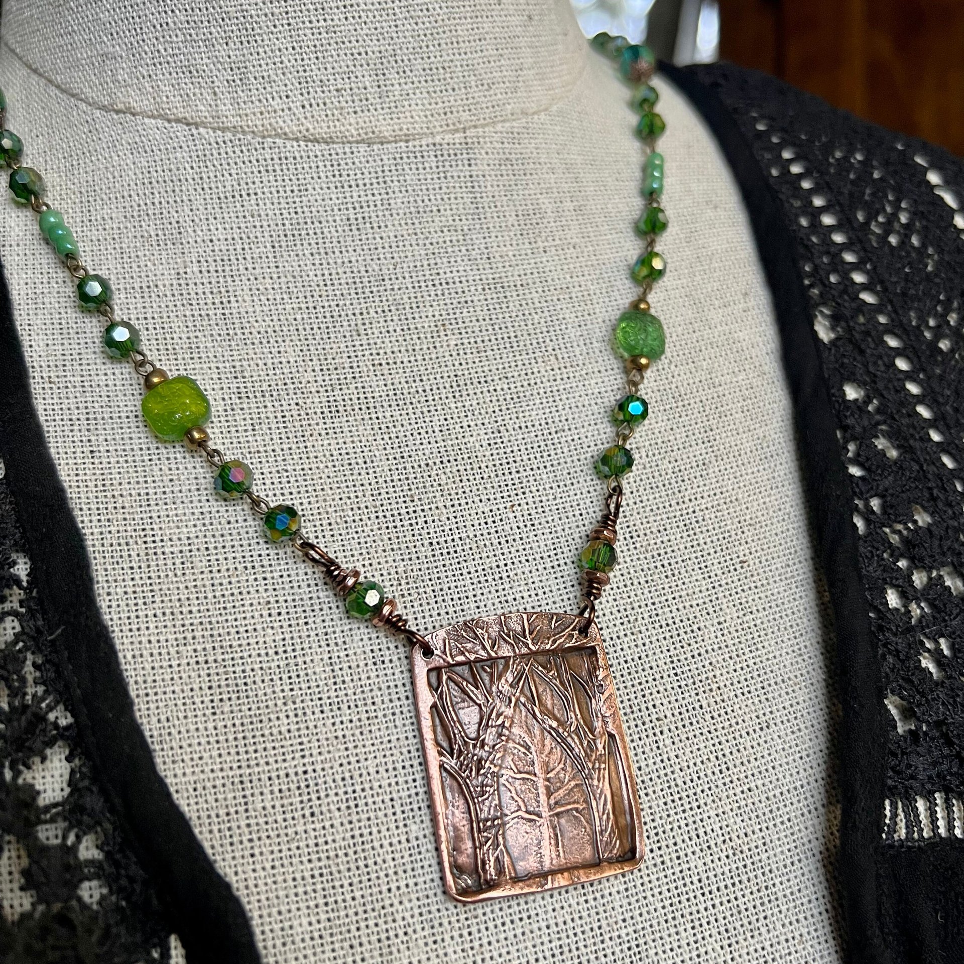 Into The Woods, Copper Tree Necklace, Green Crystal Beads, Rosary Style Beads, Celtic Green Witch, Forest Woodland Jewelry, Pagan Druid Gift