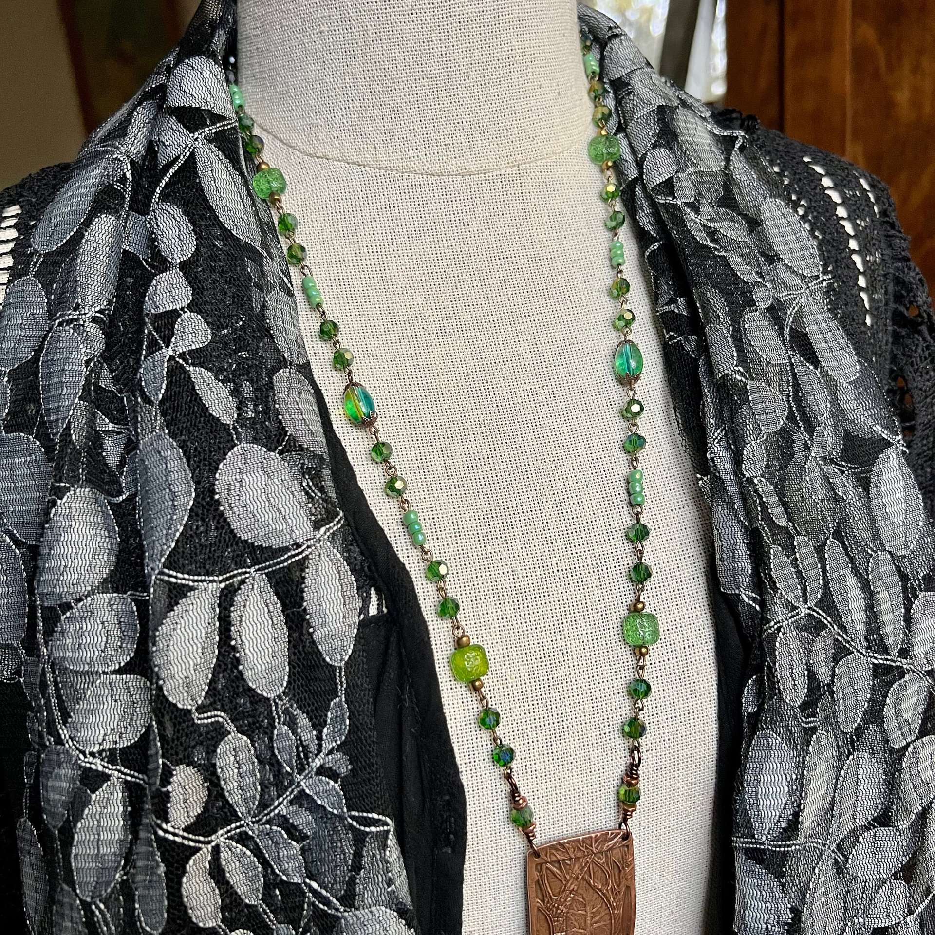 Into The Woods, Copper Tree Necklace, Green Crystal Beads, Rosary Style Beads, Celtic Green Witch, Forest Woodland Jewelry, Pagan Druid Gift