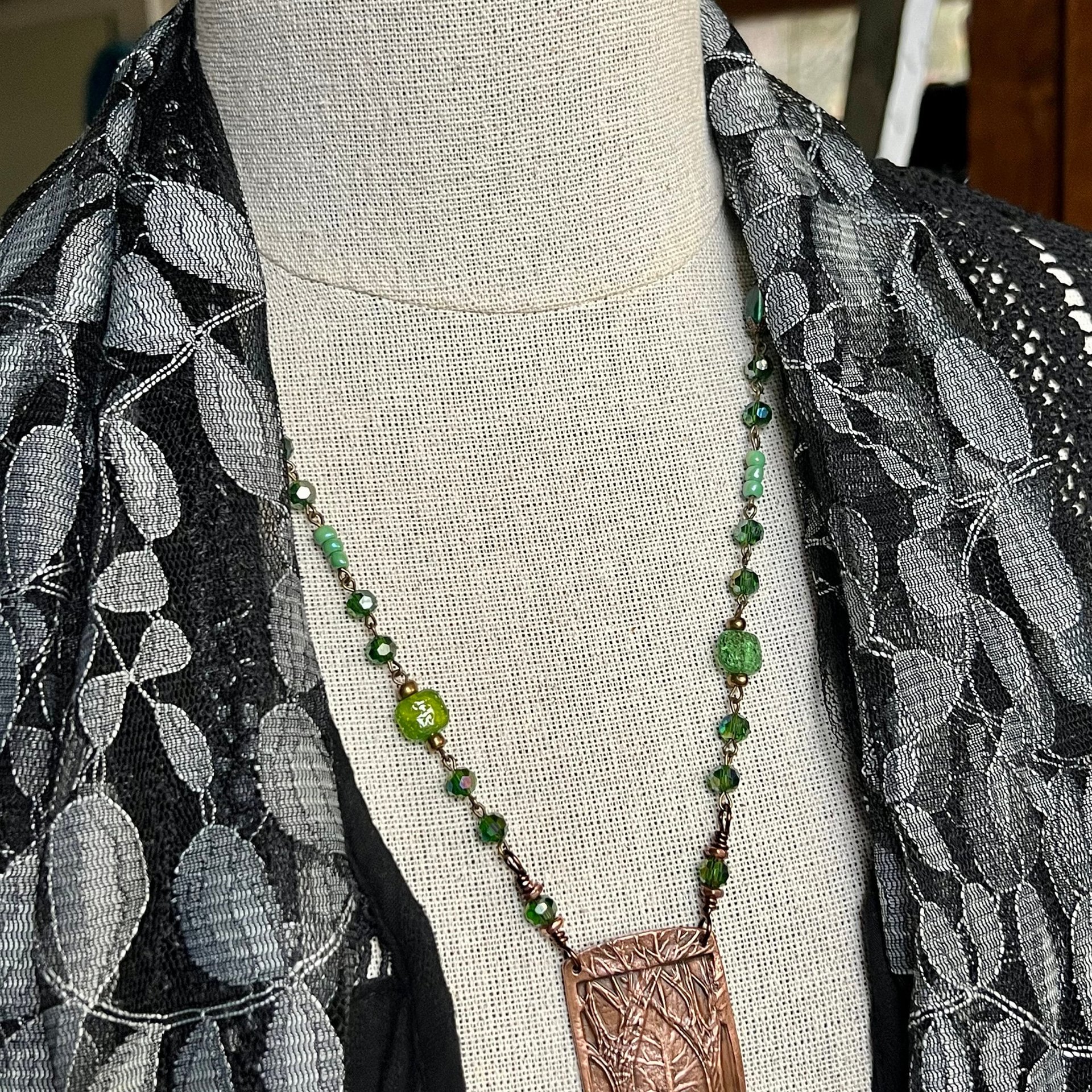 Into The Woods, Copper Tree Necklace, Green Crystal Beads, Rosary Style Beads, Celtic Green Witch, Forest Woodland Jewelry, Pagan Druid Gift