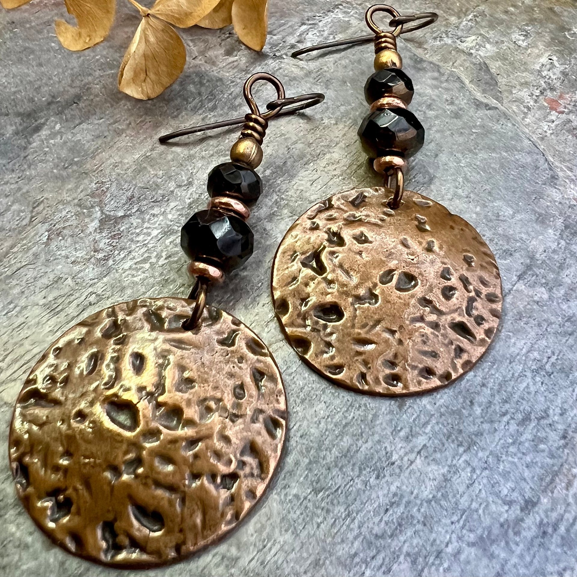 Copper Disc Earrings, Czech Glass Beads, Hypoallergenic Ear Wires, Earthy Tribal, Boho Chic Style, Large Dangle Discs, Handmade Metal Art