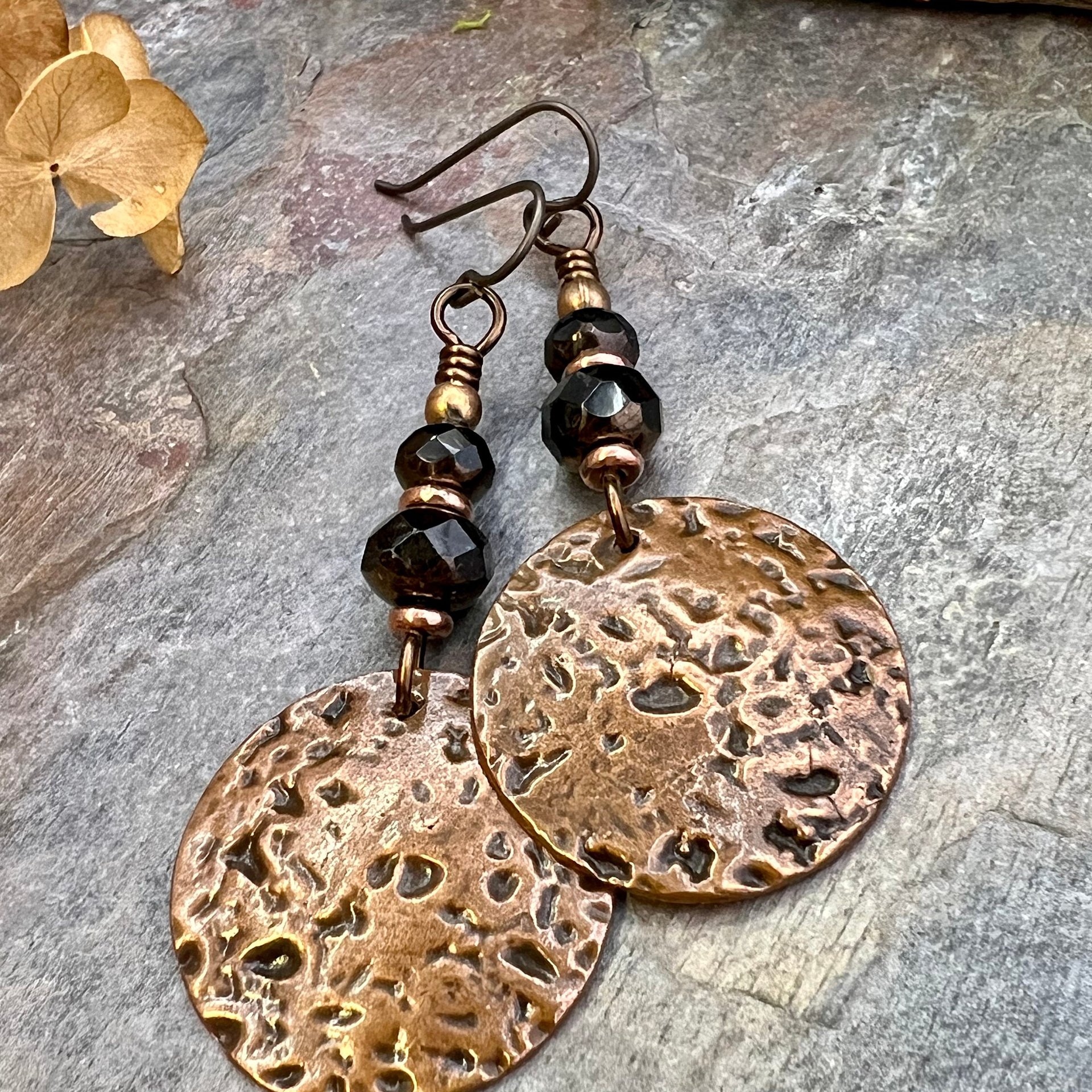 Copper Disc Earrings, Czech Glass Beads, Hypoallergenic Ear Wires, Earthy Tribal, Boho Chic Style, Large Dangle Discs, Handmade Metal Art