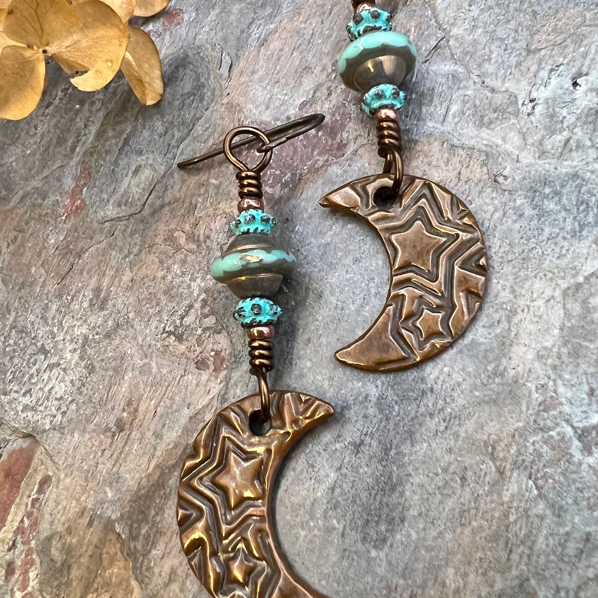 Crescent Moon Earrings, Copper Moon, Celestial Jewelry, Celtic Spirals, Witch Earrings, Pagan Spiritual, Crystal Beads, Moon Goddess