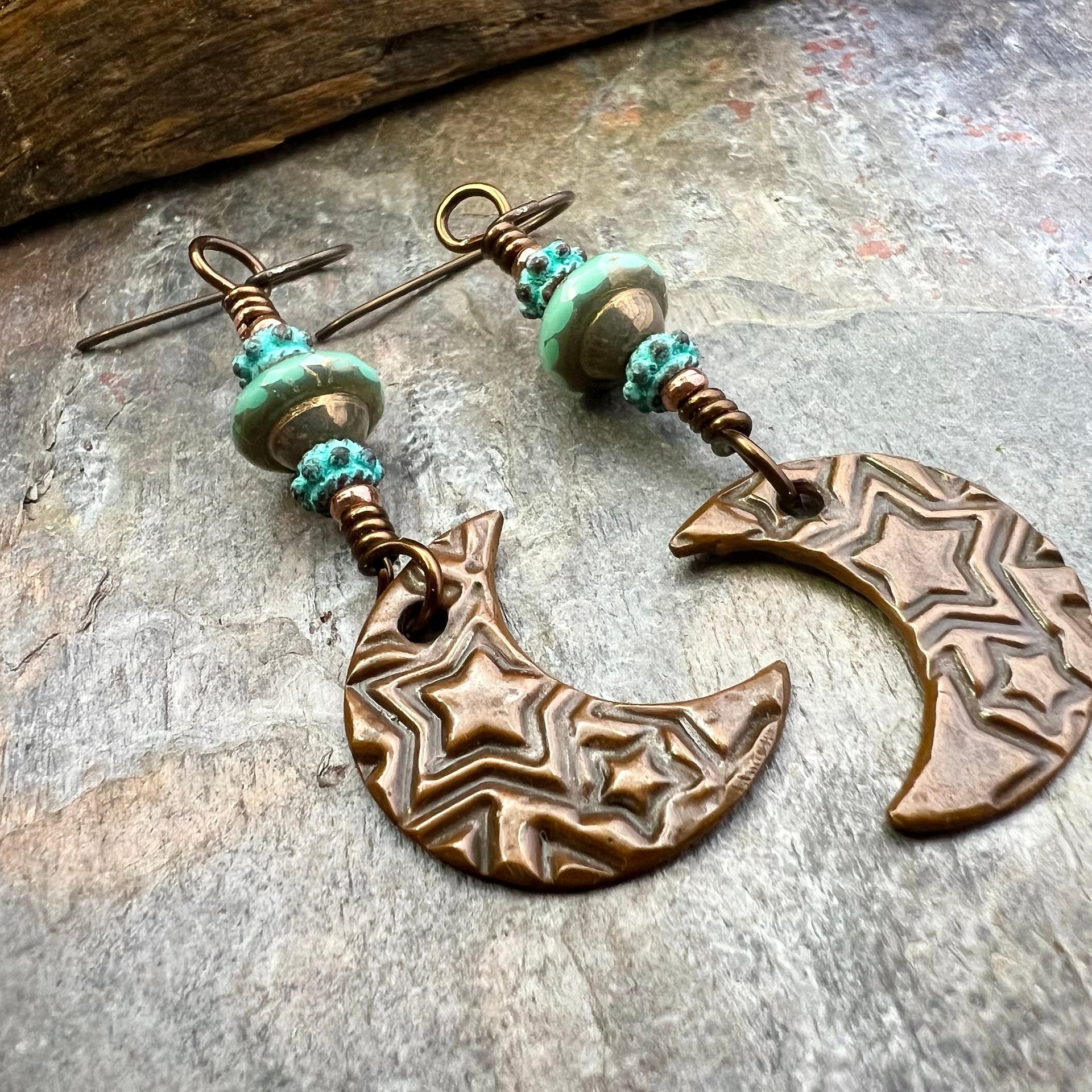 Crescent Moon Earrings, Copper Moon, Celestial Jewelry, Celtic Spirals, Witch Earrings, Pagan Spiritual, Crystal Beads, Moon Goddess