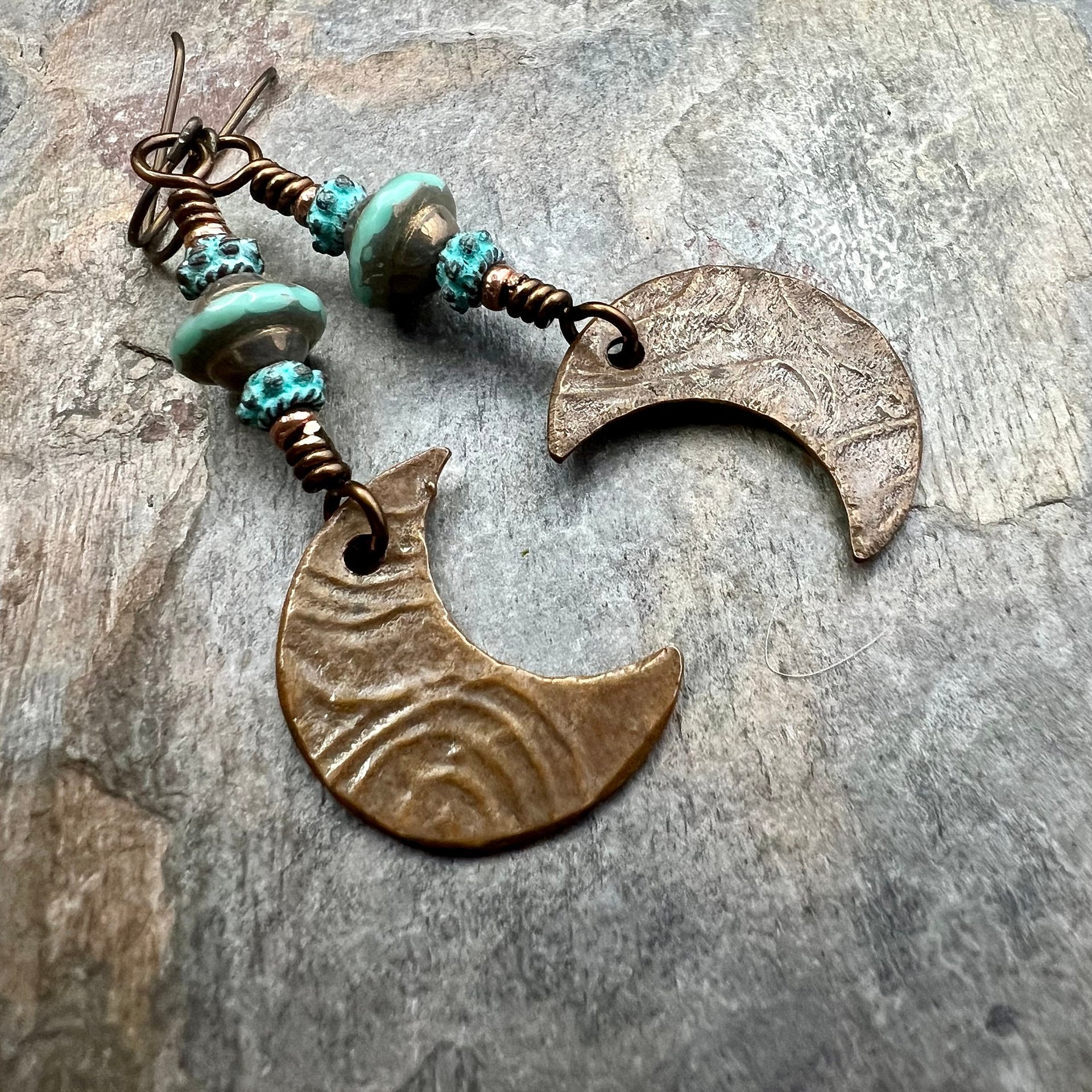 Crescent Moon Earrings, Copper Moon, Celestial Jewelry, Celtic Spirals, Witch Earrings, Pagan Spiritual, Crystal Beads, Moon Goddess