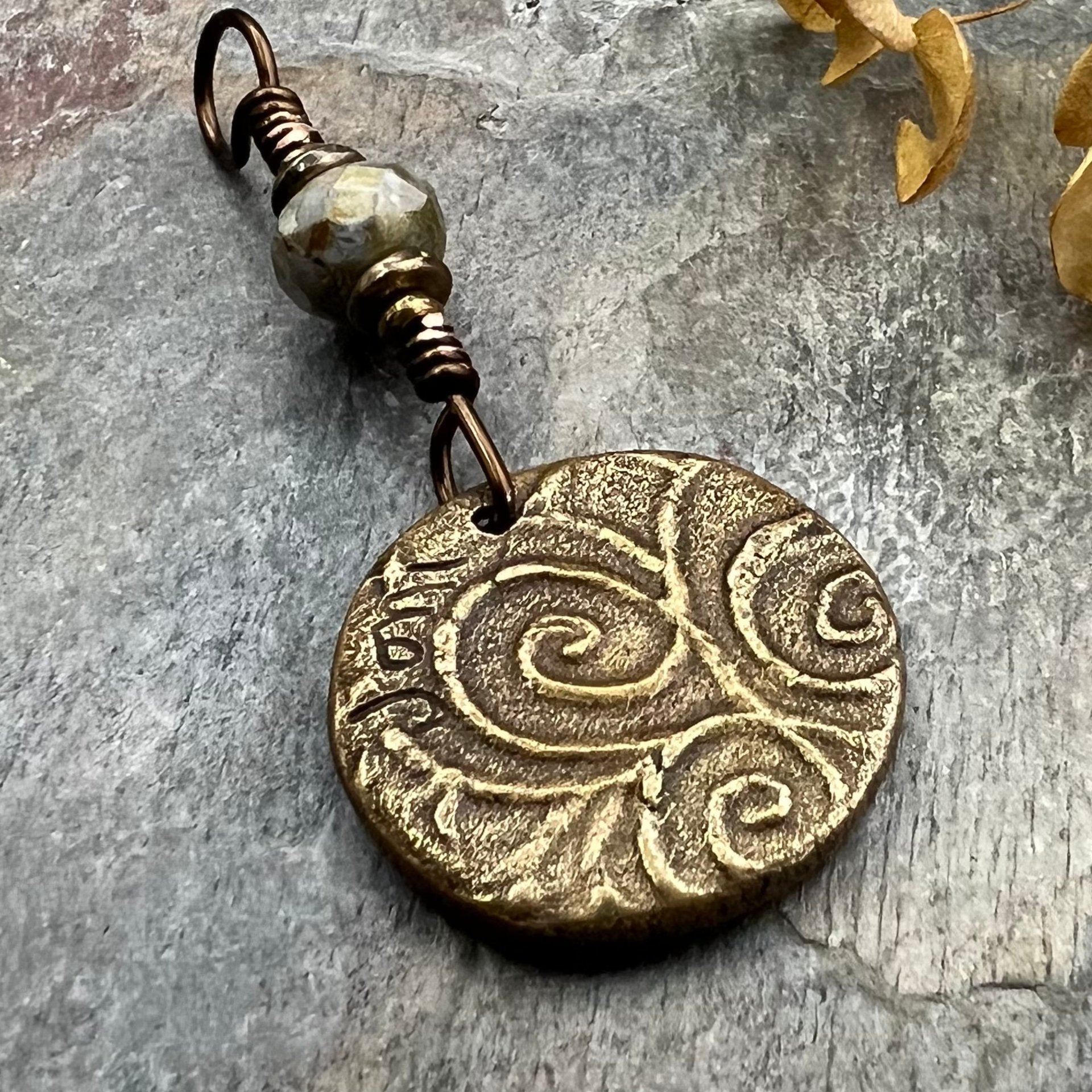 Raven Bronze Pendant, Wax Seal Charm, Czech Glass Bead, Crow Corvid, Tree Branches, Pagan Samhain, Celtic Witch Jewelry, Earthy Rustic