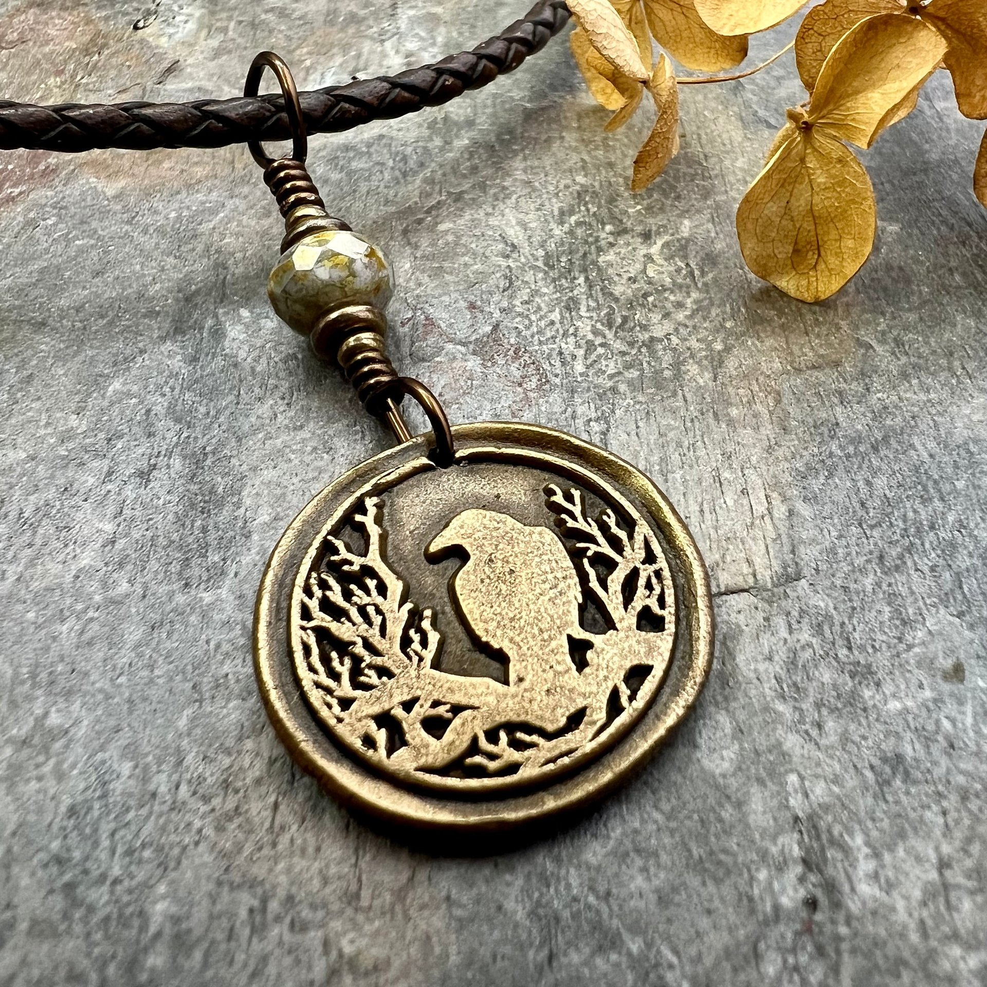 Raven Bronze Pendant, Wax Seal Charm, Czech Glass Bead, Crow Corvid, Tree Branches, Pagan Samhain, Celtic Witch Jewelry, Earthy Rustic