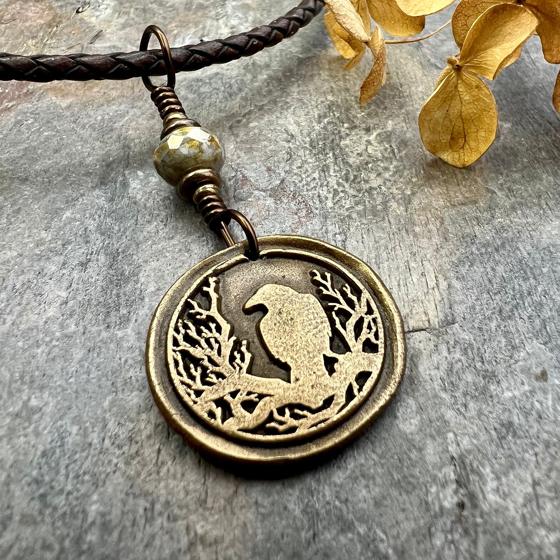 Raven Bronze Pendant, Wax Seal Charm, Czech Glass Bead, Crow Corvid, Tree Branches, Pagan Samhain, Celtic Witch Jewelry, Earthy Rustic