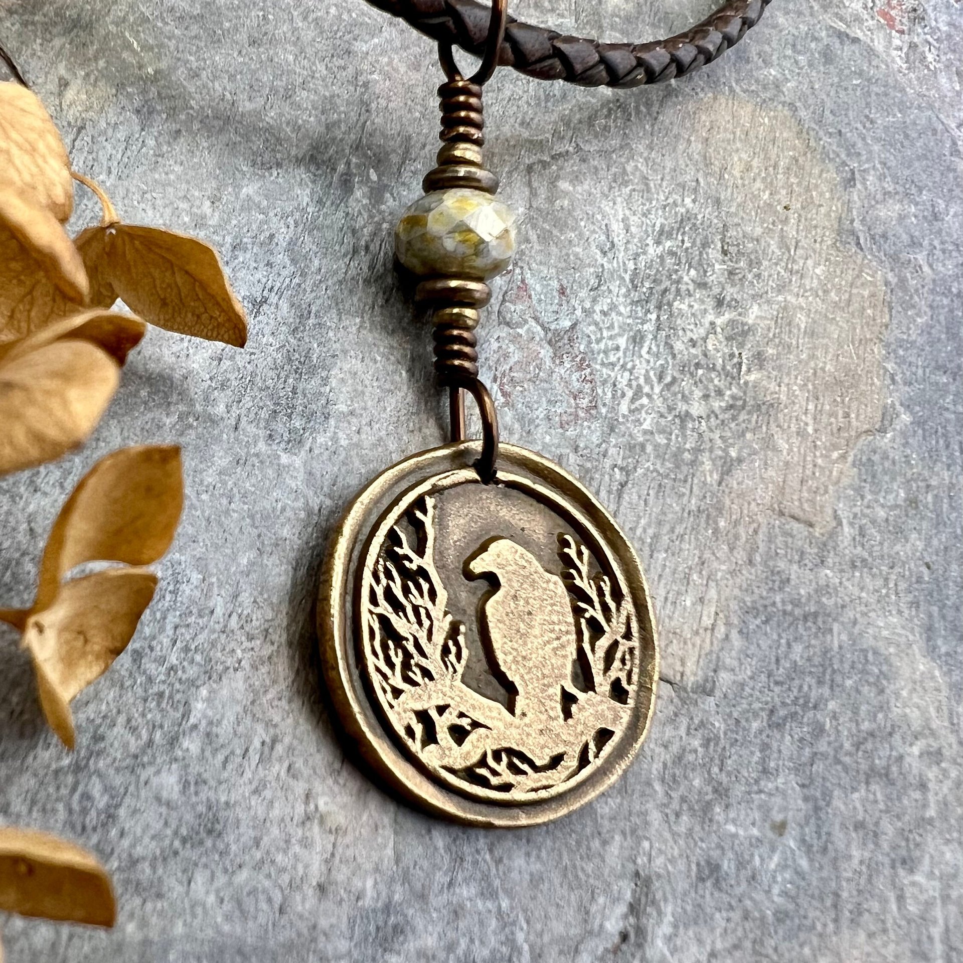 Raven Bronze Pendant, Wax Seal Charm, Czech Glass Bead, Crow Corvid, Tree Branches, Pagan Samhain, Celtic Witch Jewelry, Earthy Rustic