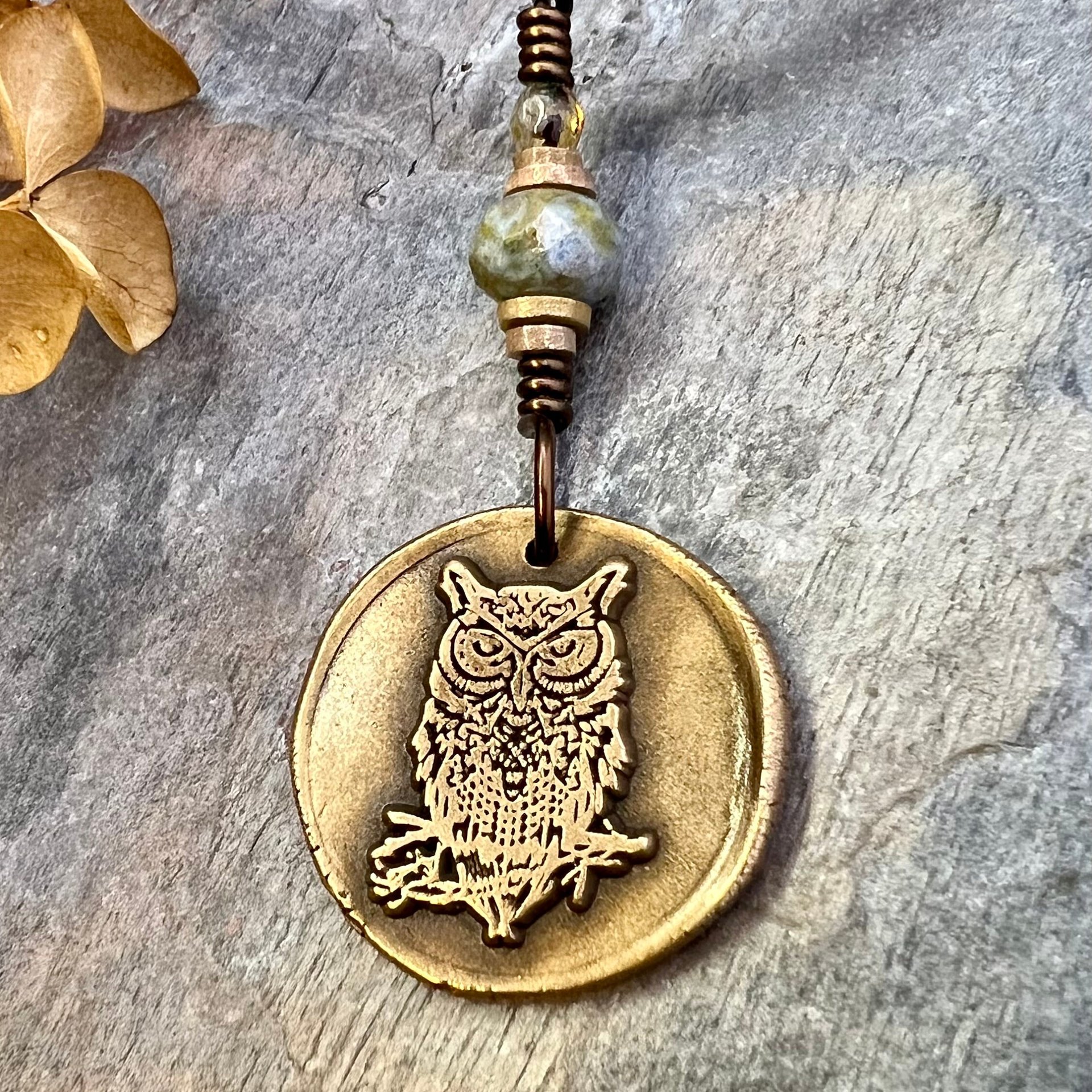 Owl Bronze Pendant, Wax Seal Charm, Czech Glass Bead, Magical Wise, Tree Branches, Pagan Samhain, Celtic Witch Jewelry, Earthy Rustic