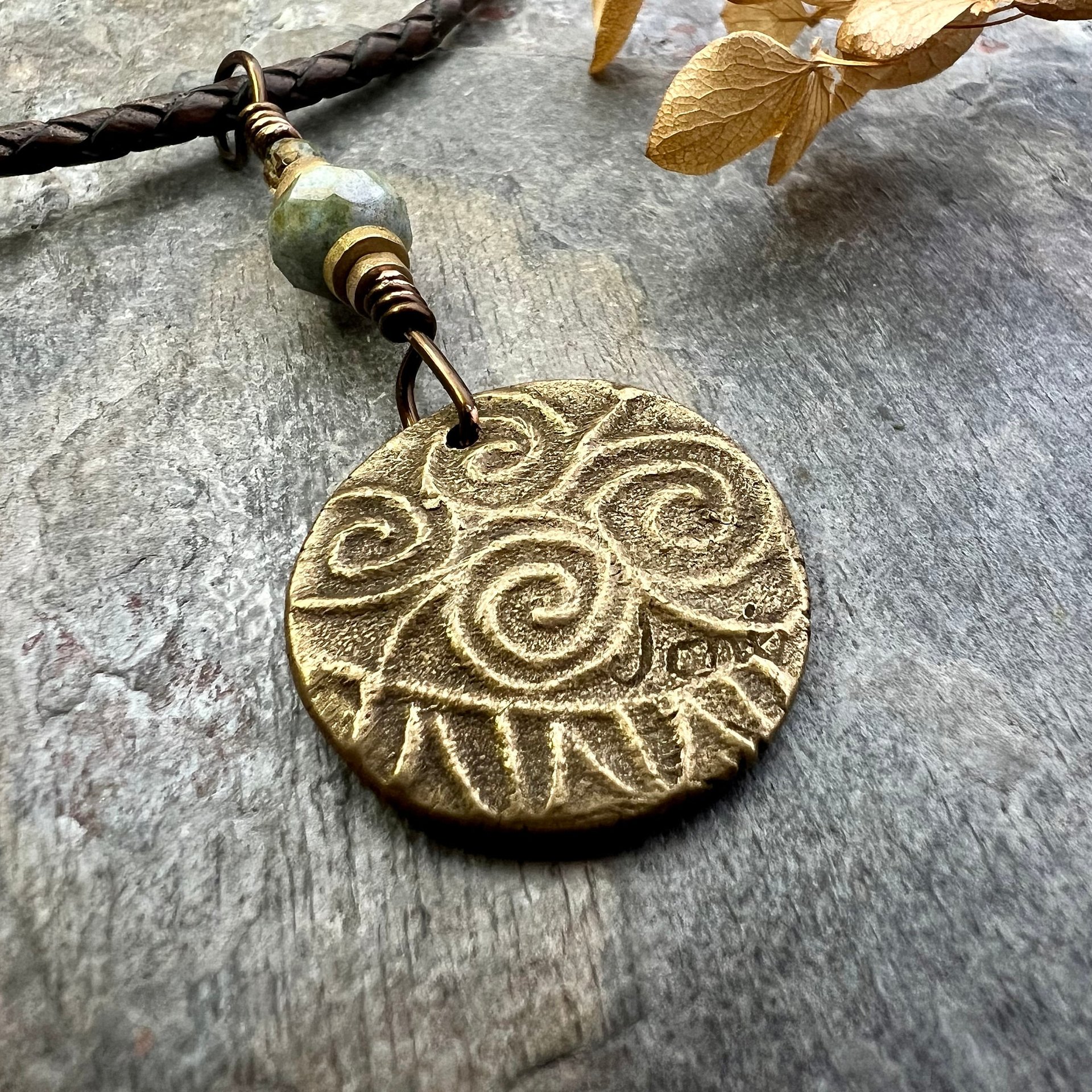 Owl Bronze Pendant, Wax Seal Charm, Czech Glass Bead, Magical Wise, Tree Branches, Pagan Samhain, Celtic Witch Jewelry, Earthy Rustic