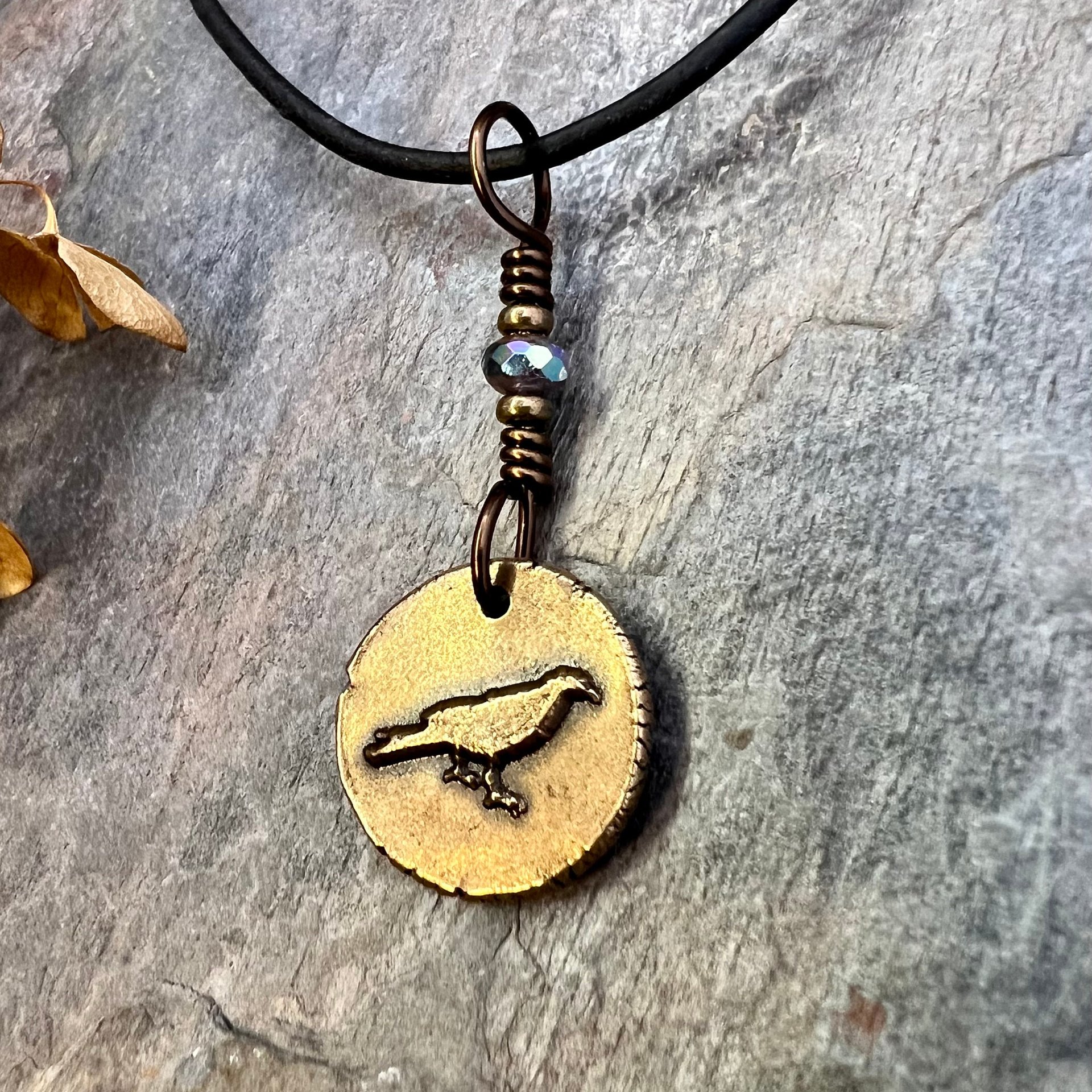 Raven Bronze Pendant, Wax Seal Charm, Czech Glass Bead, Crow Corvid, Tree Branches, Pagan Samhain, Celtic Witch Jewelry, Earthy Rustic