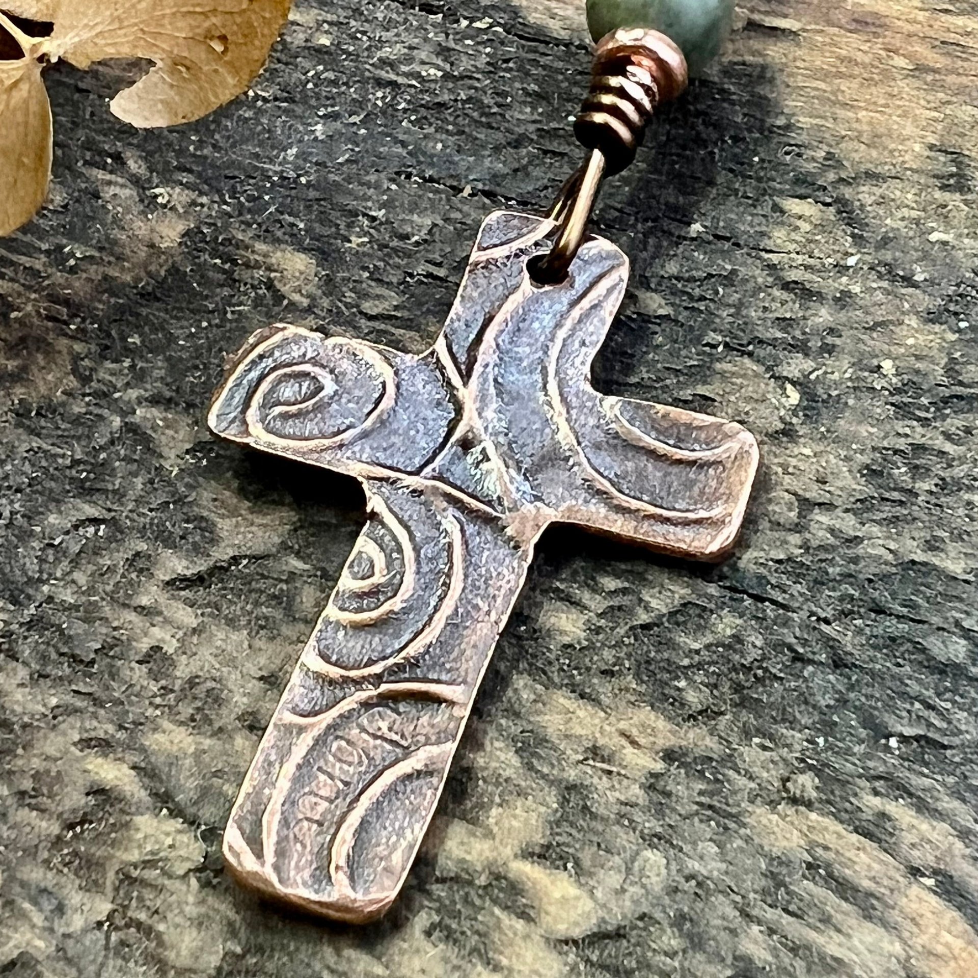 Tree Cross Charm, Copper Pendant, Tree Branches, Connemara Marble, Irish Celtic, Leather & Vegan Cords, Handmade Art Jewelry, Tree of Life