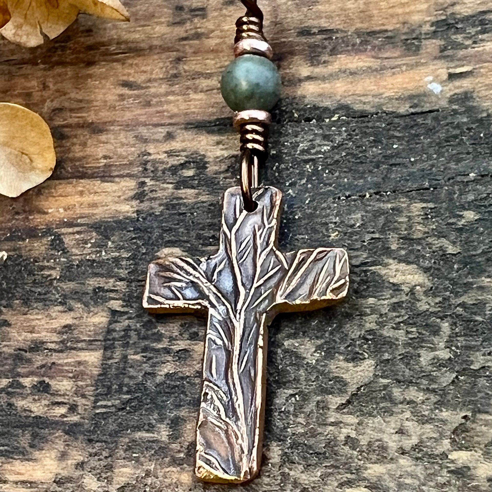 Tree Cross Charm, Copper Pendant, Tree Branches, Connemara Marble, Irish Celtic, Leather & Vegan Cords, Handmade Art Jewelry, Tree of Life